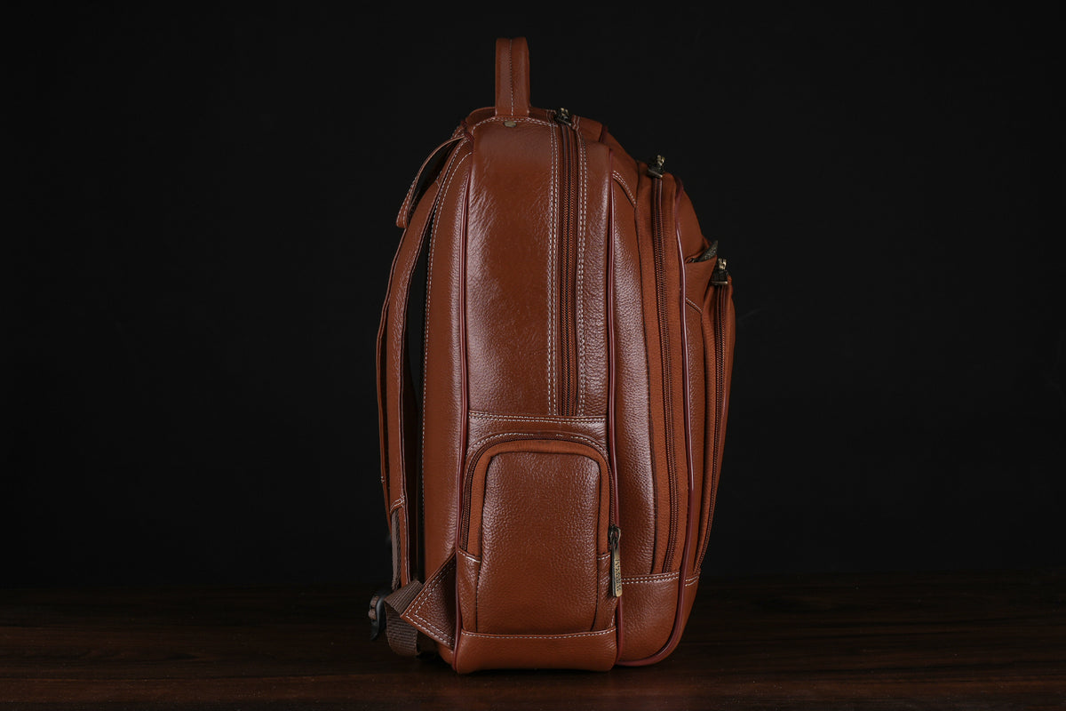 BRAND LEATHER Men's Full Grain Cow Hide Leather 17 Inch Laptop Backpack Large Capacity Weekender Overnight Camping Travel Rucksack