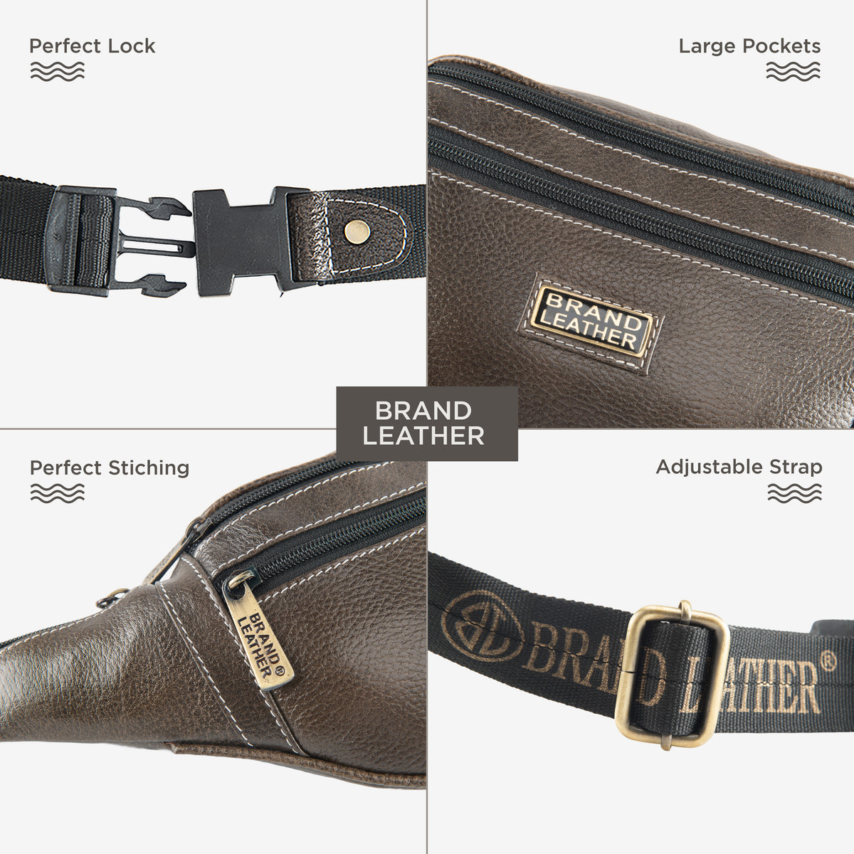 BRAND LEATHER Genuine Leather Stylish Waist Bag Elegant Style Travel Pouch Passport Holder with Adjustable Strap Unisex