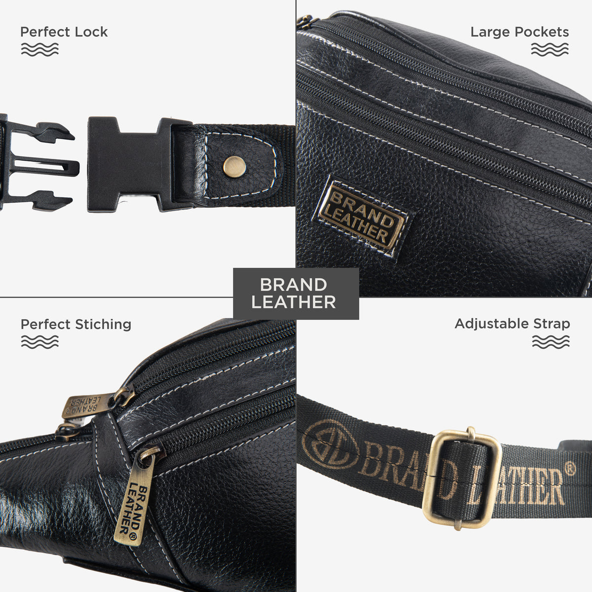 BRAND LEATHER Genuine Leather Stylish Waist Bag Elegant Style Travel Pouch Passport Holder with Adjustable Strap Unisex