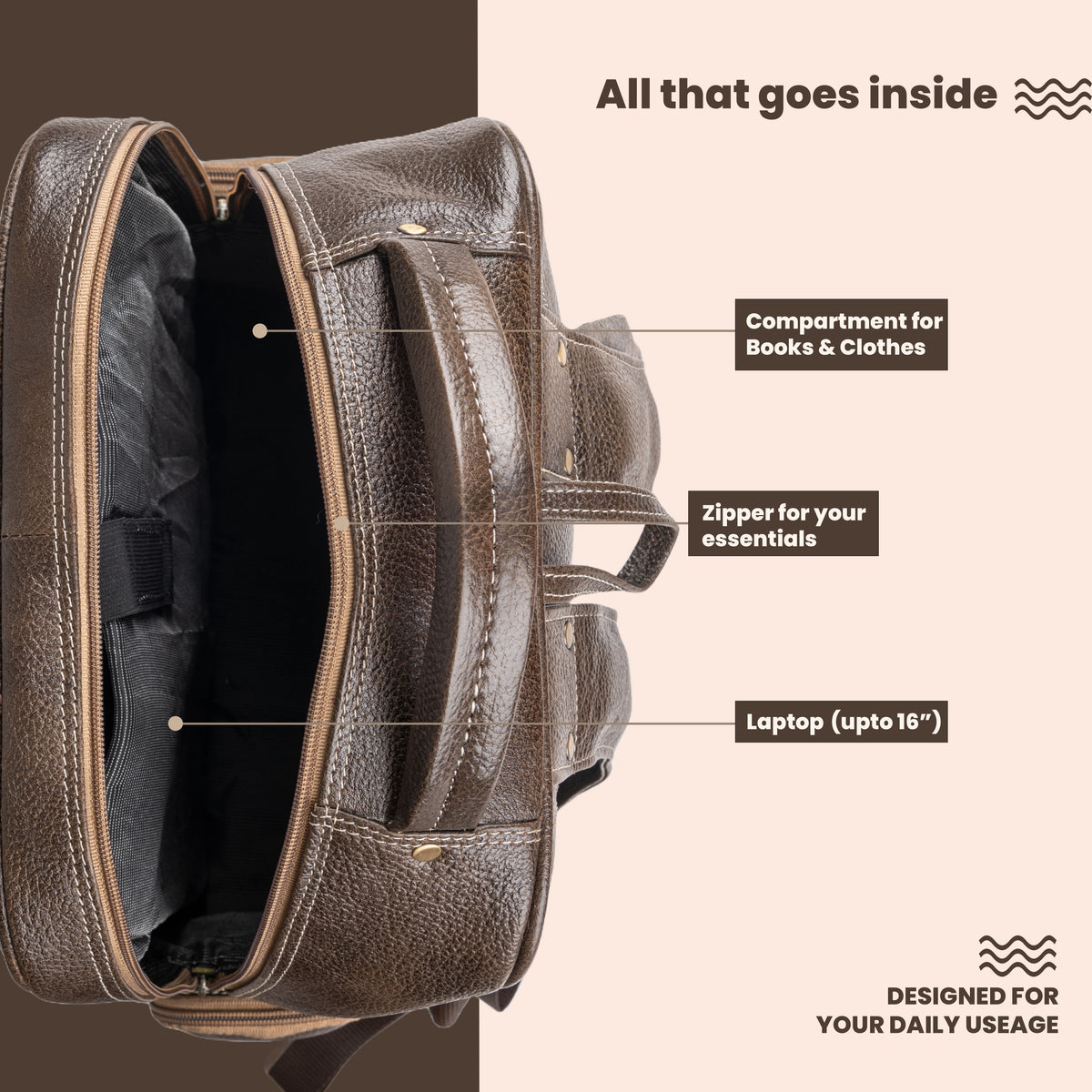 BRAND LEATHER Men's Full Grain Cow Hide Leather 17 Inch Laptop Backpack Large Capacity Weekender Overnight Camping Travel Rucksack