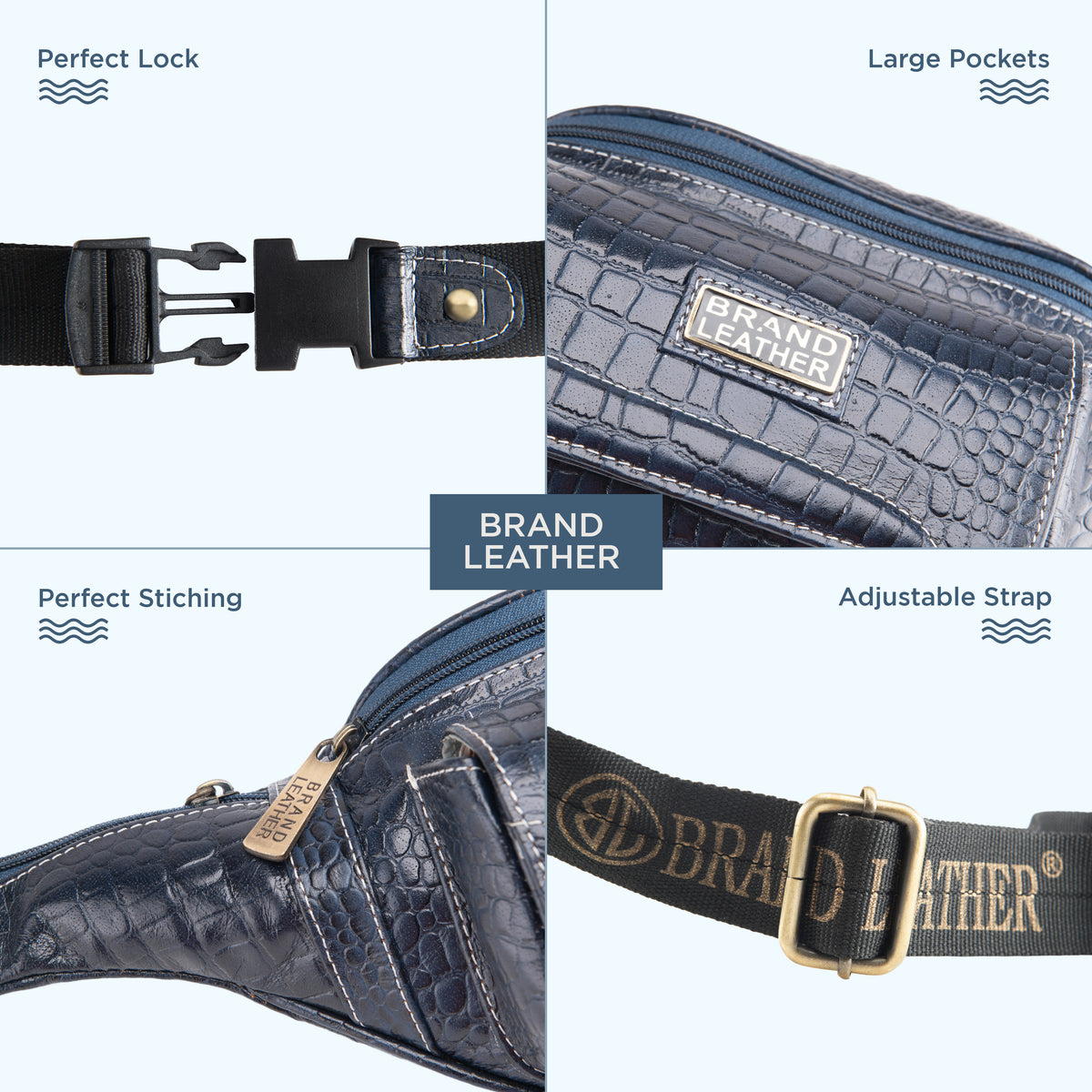 BRAND LEATHER Genuine Leather Stylish Waist Bag Elegant Style Travel Pouch Passport Holder with Adjustable