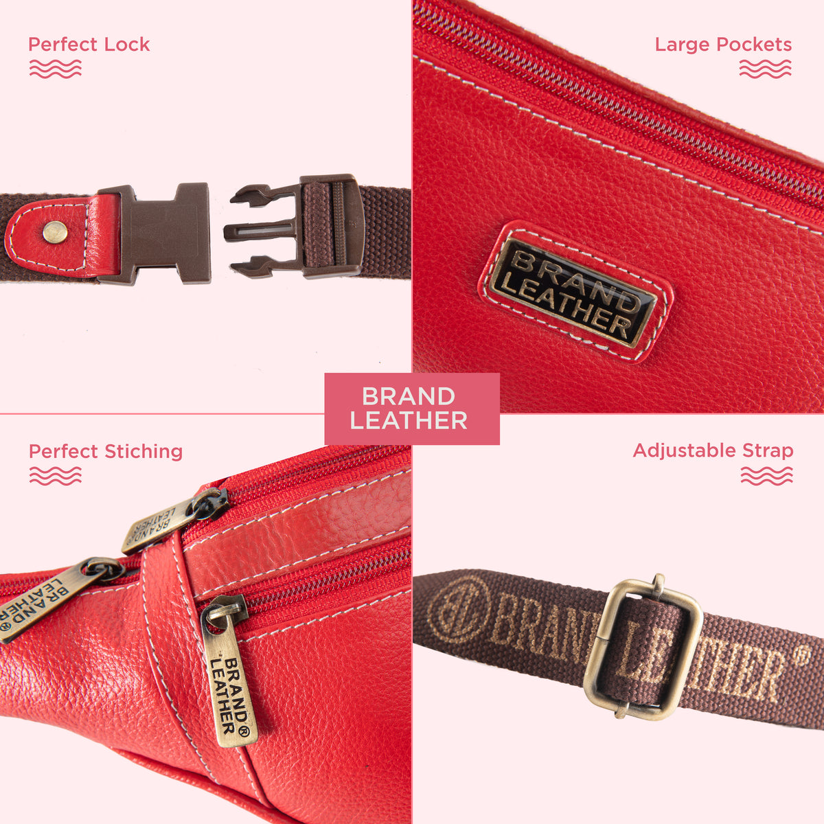 BRAND LEATHER Genuine Leather Stylish Waist Bag Elegant Style Travel Pouch Passport Holder with Adjustable Strap Unisex