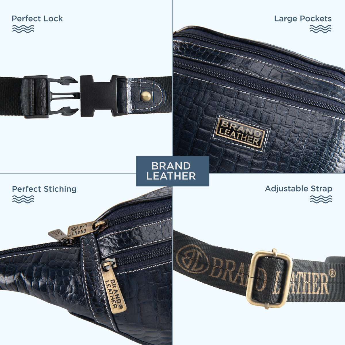 BRAND LEATHER Genuine Leather Stylish Waist Bag Elegant Style Travel Pouch Passport Holder with Adjustable Strap Unisex