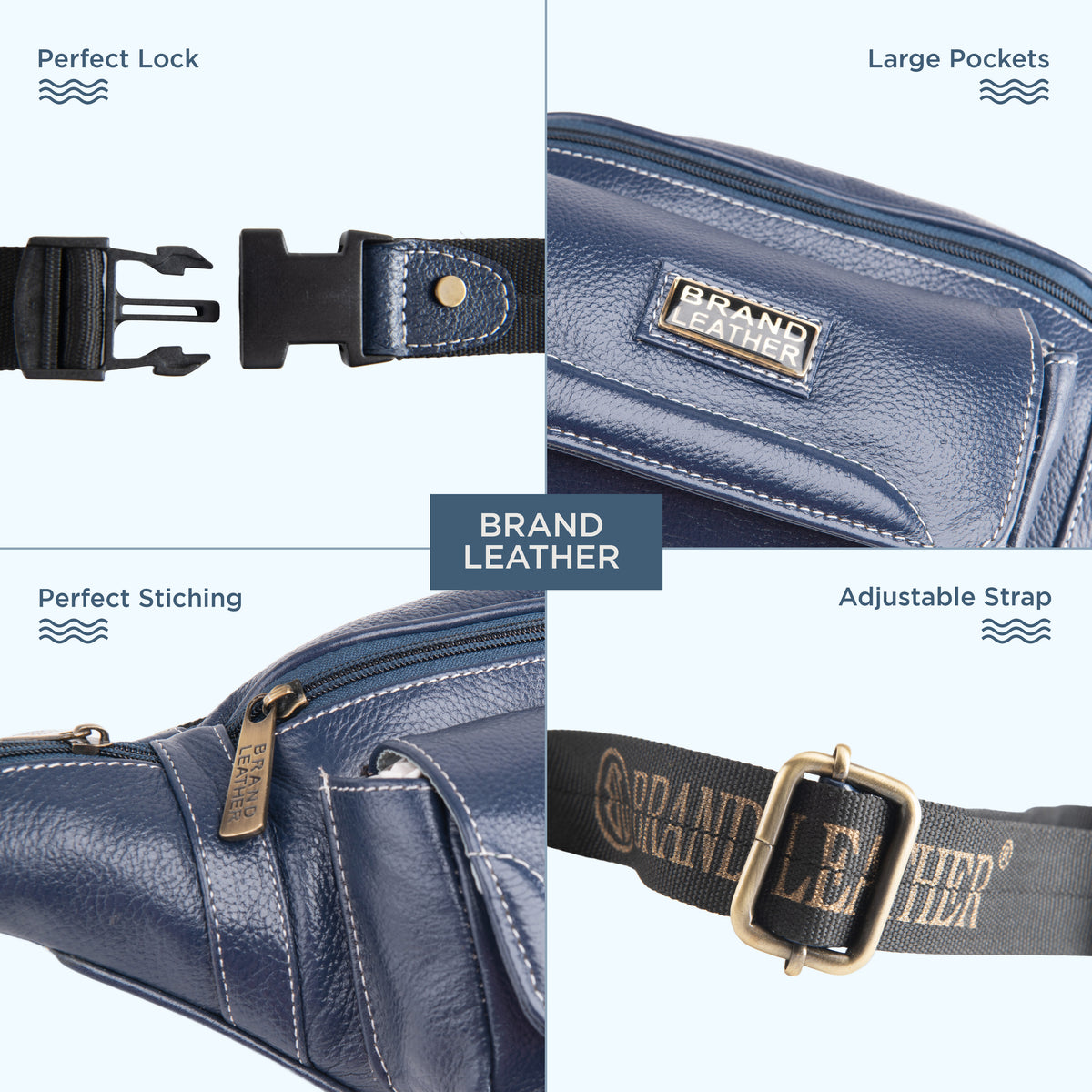 BRAND LEATHER Genuine Leather Stylish Waist Bag Elegant Style Travel Pouch Passport Holder with Adjustable