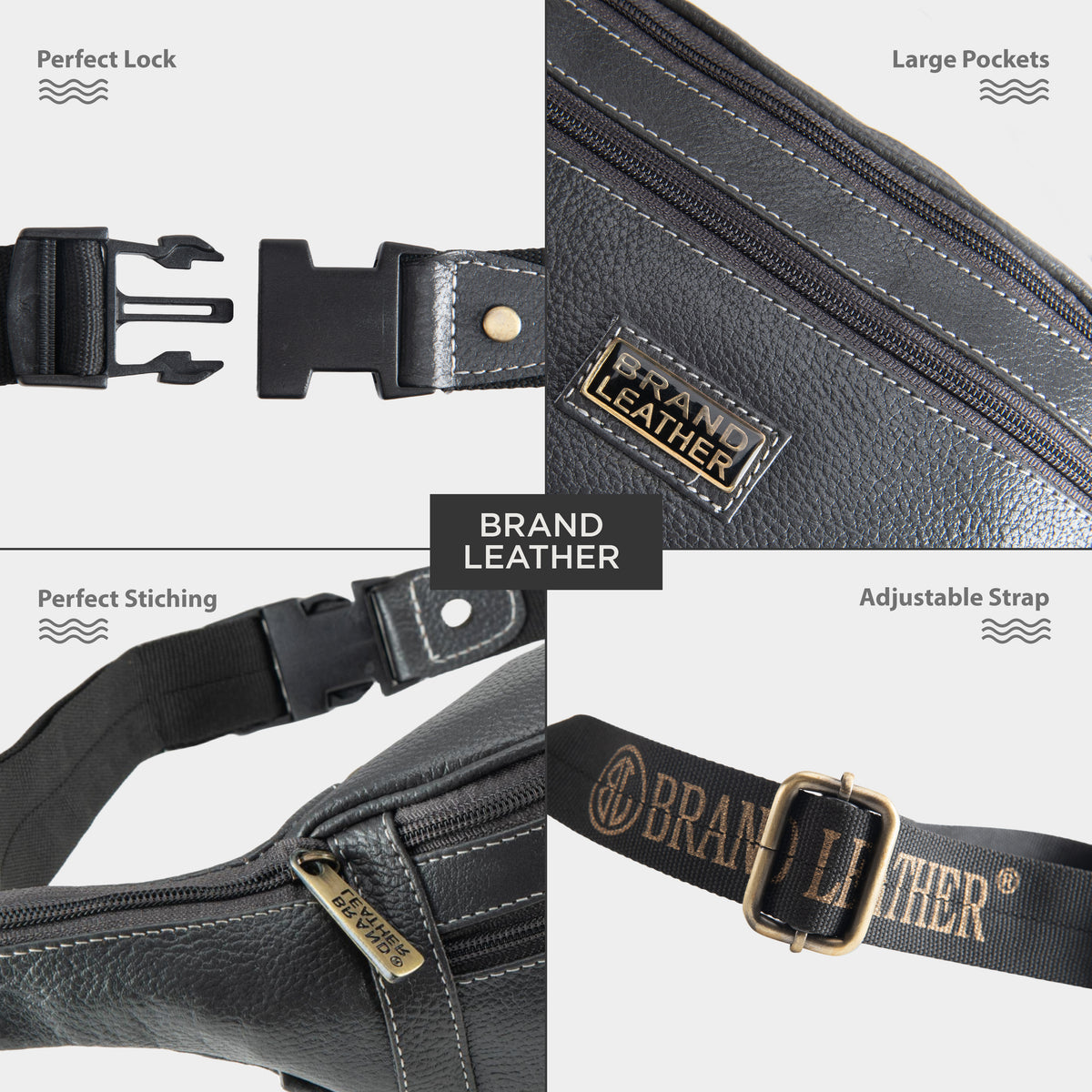 BRAND LEATHER Genuine Leather Stylish Waist Bag Elegant Style Travel Pouch Passport Holder with Adjustable Strap Unisex