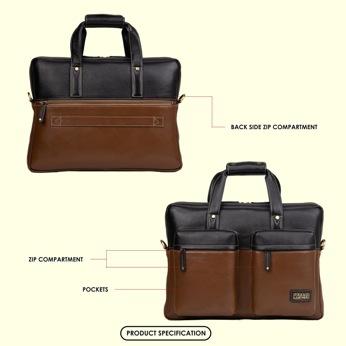 BRAND LEATHER Genuine Leather Laptop Bag for Men - Office Bag - Fits Up to 16-inch Laptop/MacBook - Shoulder Bag/Hand Bag - Laptop Messenger Bag with Trolley Straps - 1 Year Warranty