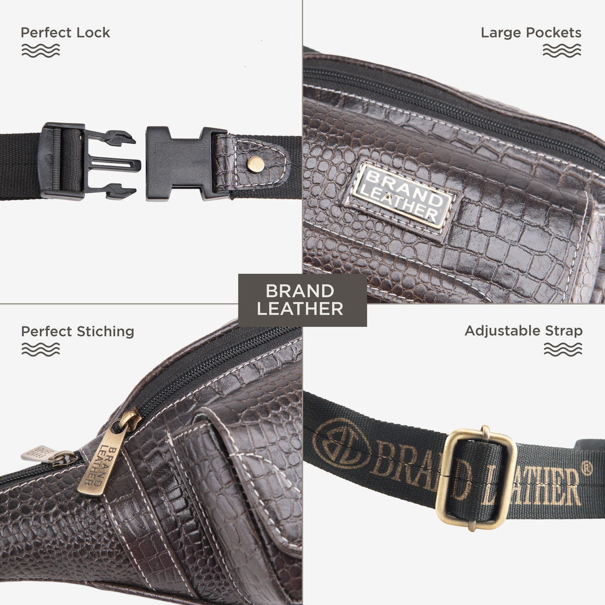 BRAND LEATHER Genuine Leather Stylish Waist Bag Elegant Style Travel Pouch Passport Holder with Adjustable