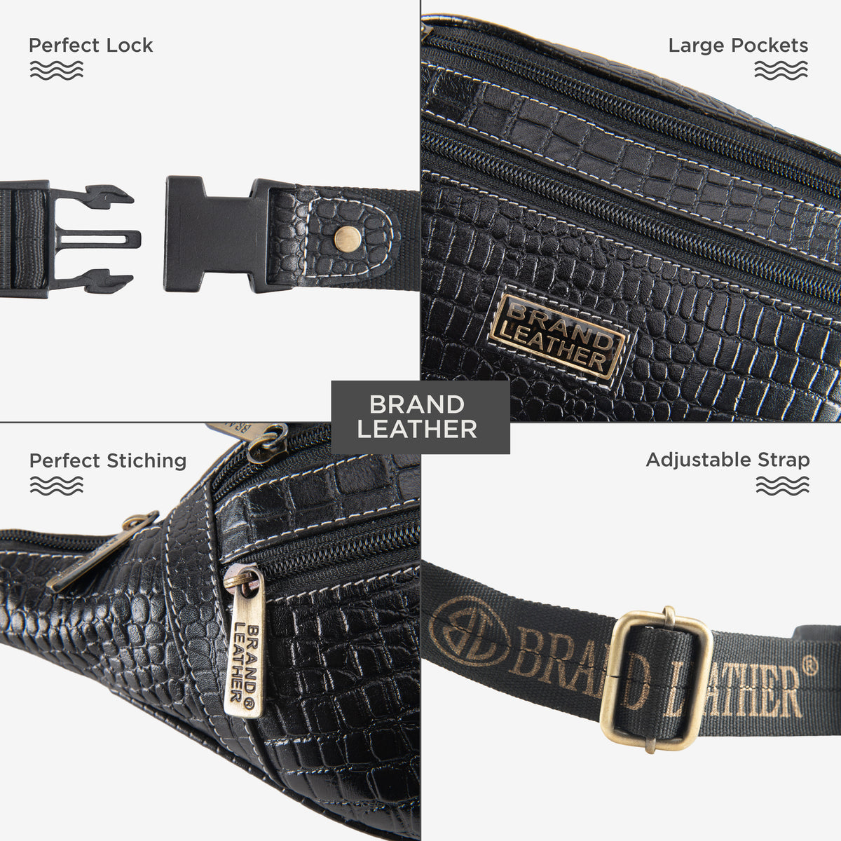 BRAND LEATHER Genuine Leather Stylish Waist Bag Elegant Style Travel Pouch Passport Holder with Adjustable Strap Unisex