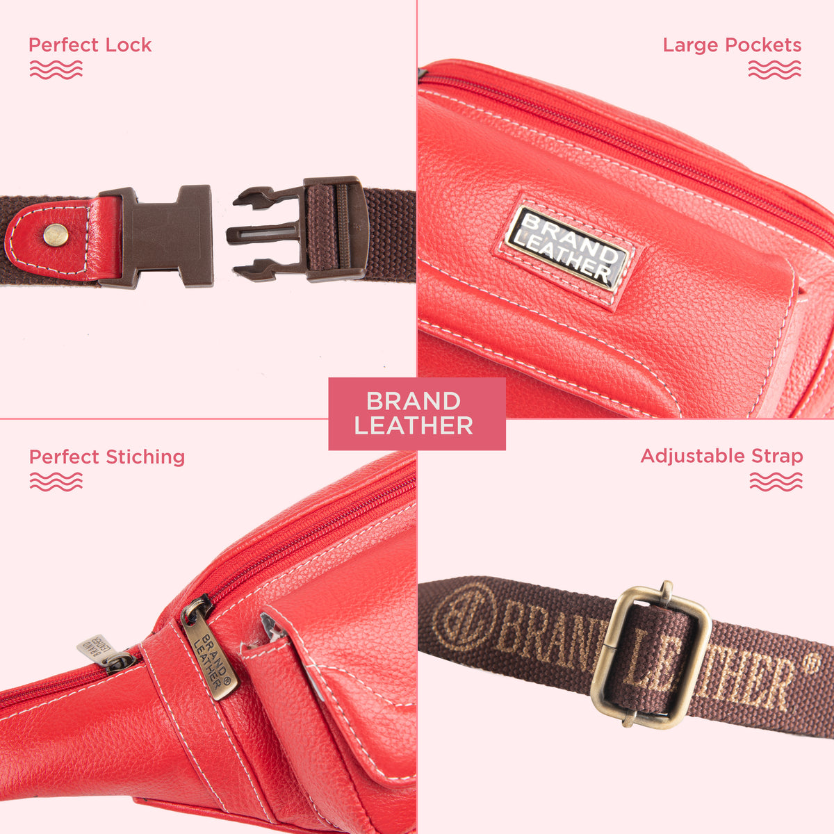 BRAND LEATHER Genuine Leather Stylish Waist Bag Elegant Style Travel Pouch Passport Holder with Adjustable