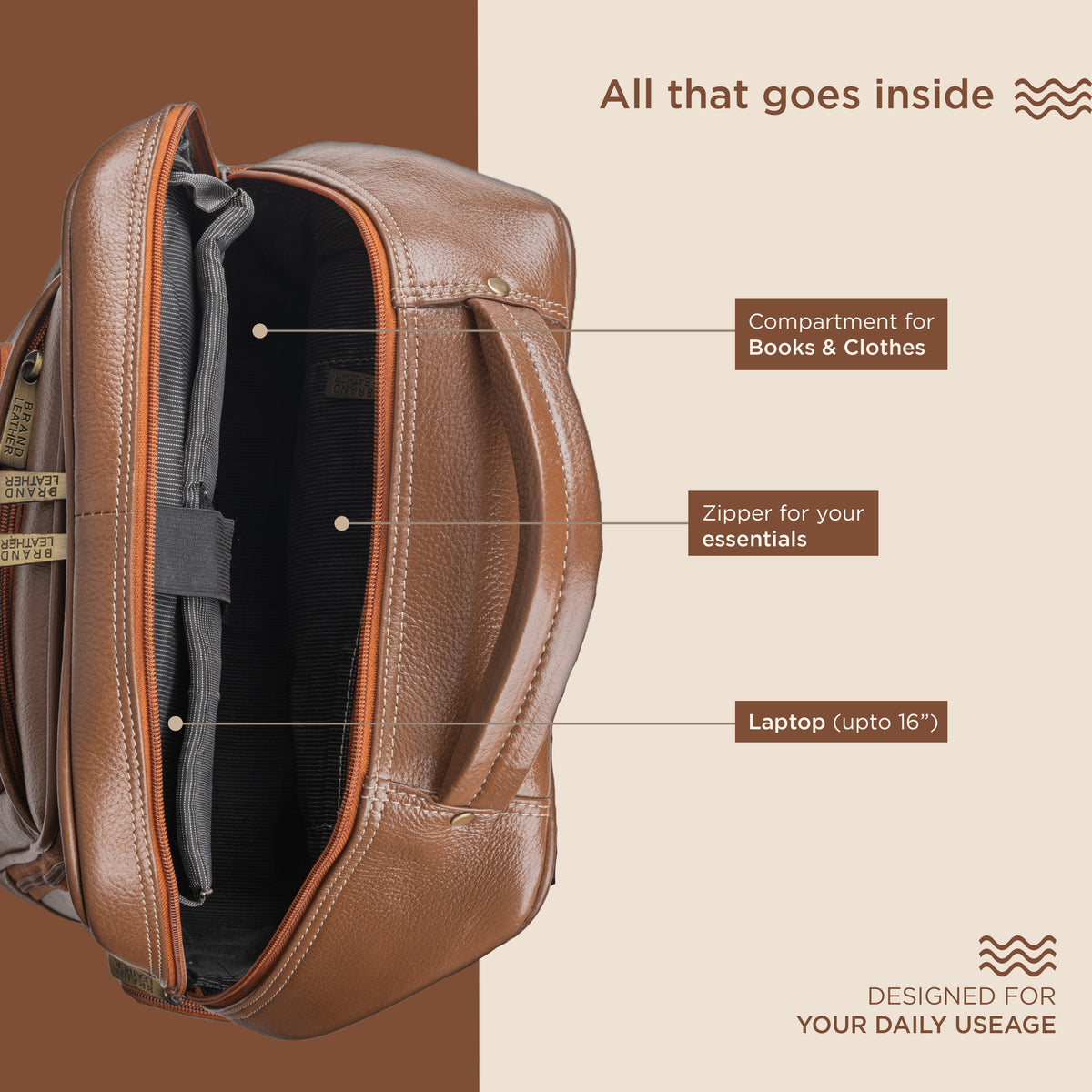 BRAND LEATHER Men's Full Grain Cow Hide Leather 17 Inch Laptop Backpack Large Capacity Weekender Overnight Camping Travel Rucksack