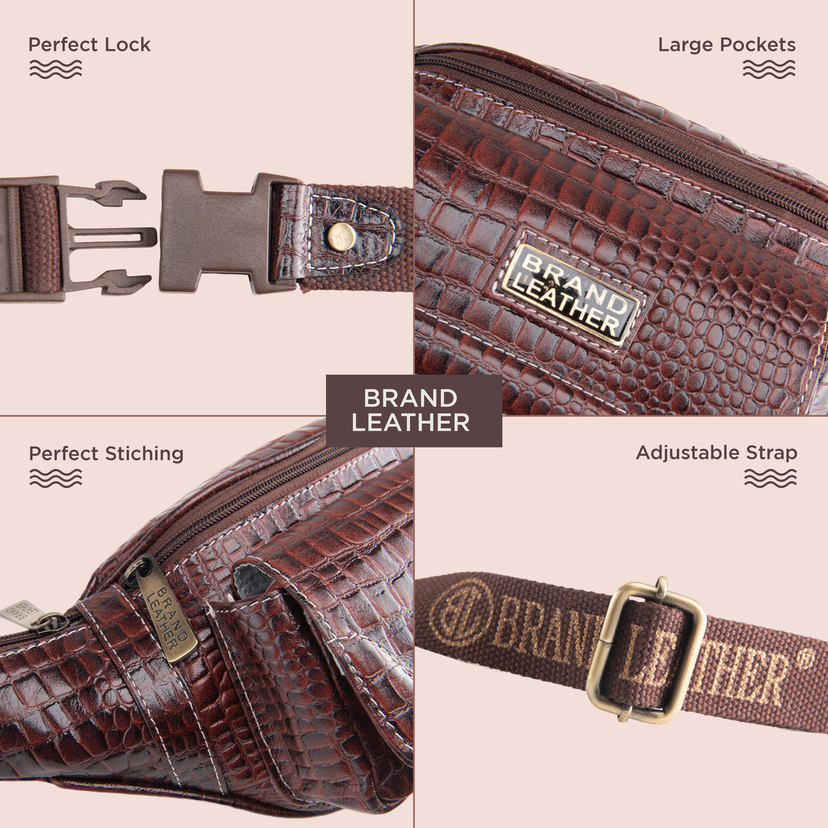 BRAND LEATHER Genuine Leather Stylish Waist Bag Elegant Style Travel Pouch Passport Holder with Adjustable