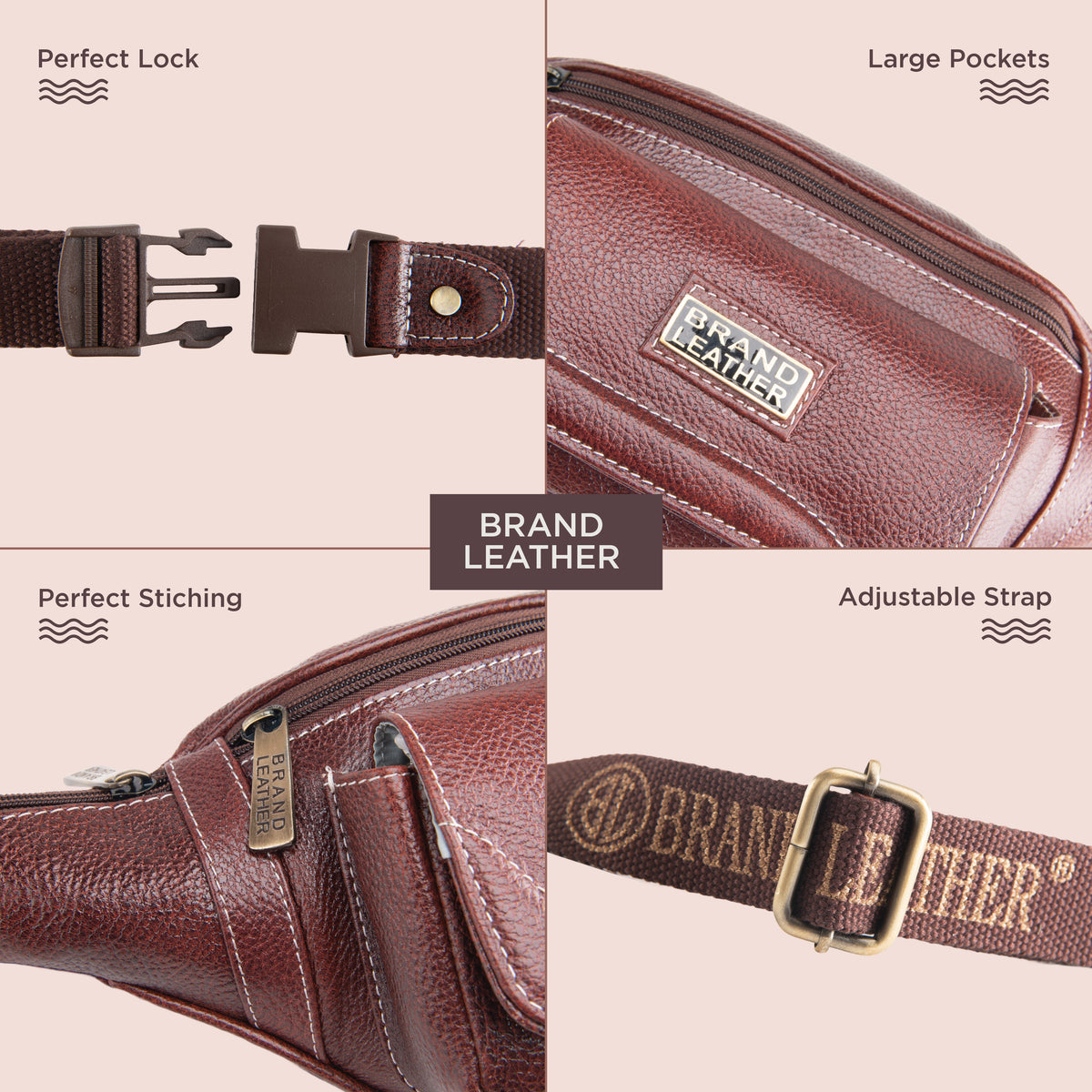 BRAND LEATHER Genuine Leather Stylish Waist Bag Elegant Style Travel Pouch Passport Holder with Adjustable