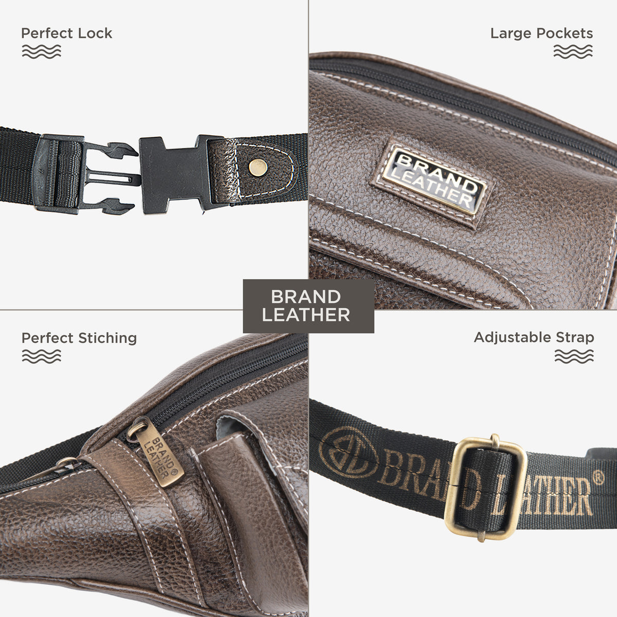 BRAND LEATHER Genuine Leather Stylish Waist Bag Elegant Style Travel Pouch Passport Holder with Adjustable