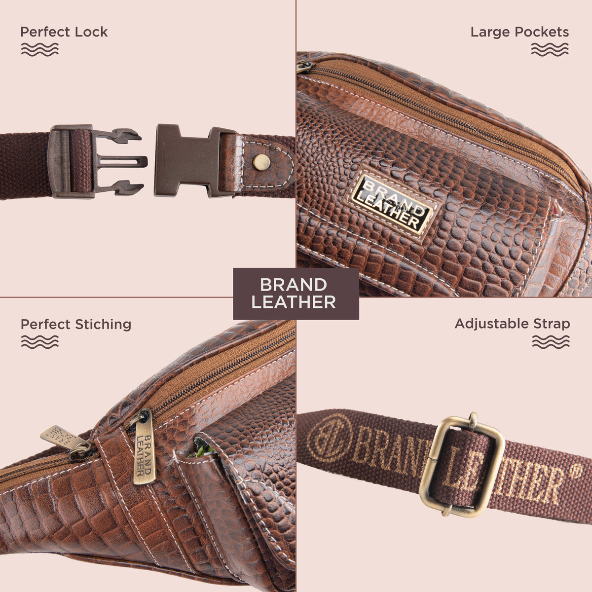 BRAND LEATHER Genuine Leather Stylish Waist Bag Elegant Style Travel Pouch Passport Holder with Adjustable