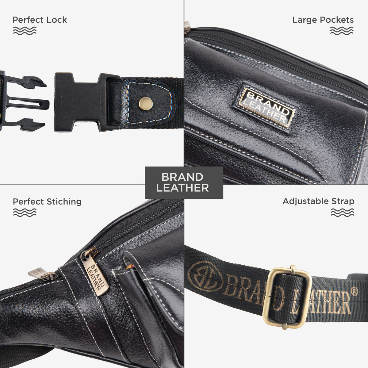 BRAND LEATHER Genuine Leather Stylish Waist Bag Elegant Style Travel Pouch Passport Holder with Adjustable