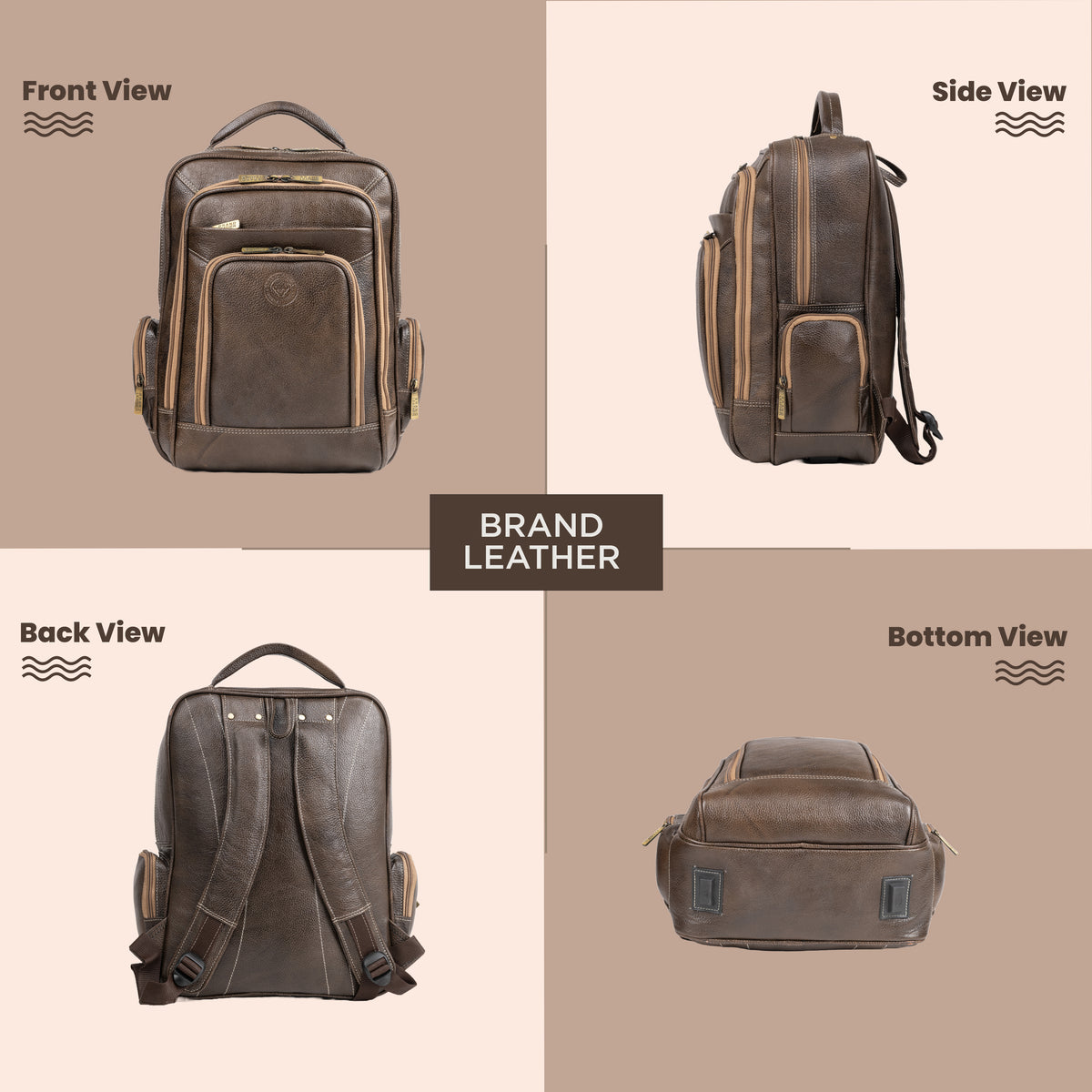 BRAND LEATHER Men's Full Grain Cow Hide Leather 17 Inch Laptop Backpack Large Capacity Weekender Overnight Camping Travel Rucksack