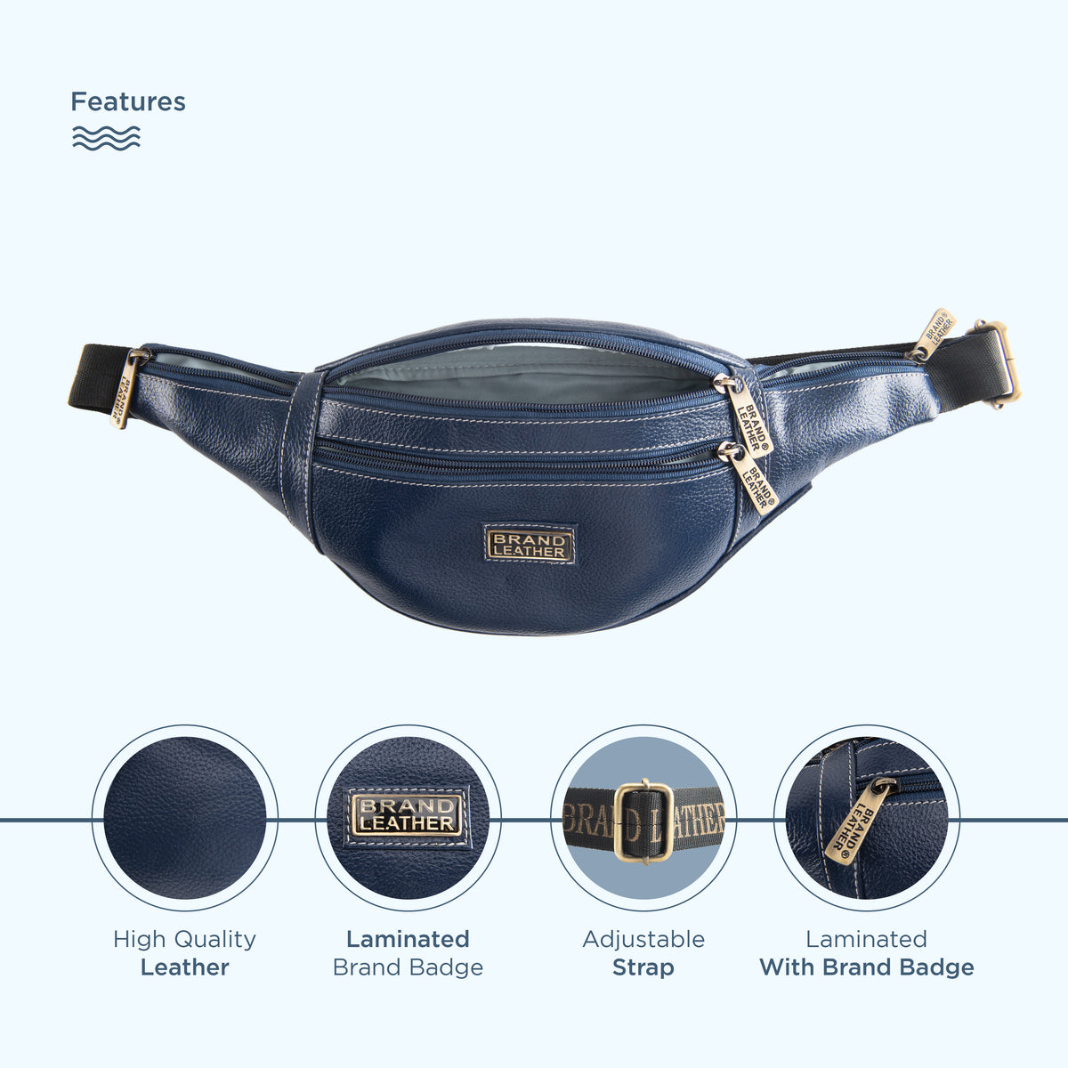 BRAND LEATHER Genuine Leather Stylish Waist Bag Elegant Style Travel Pouch Passport Holder with Adjustable Strap Unisex