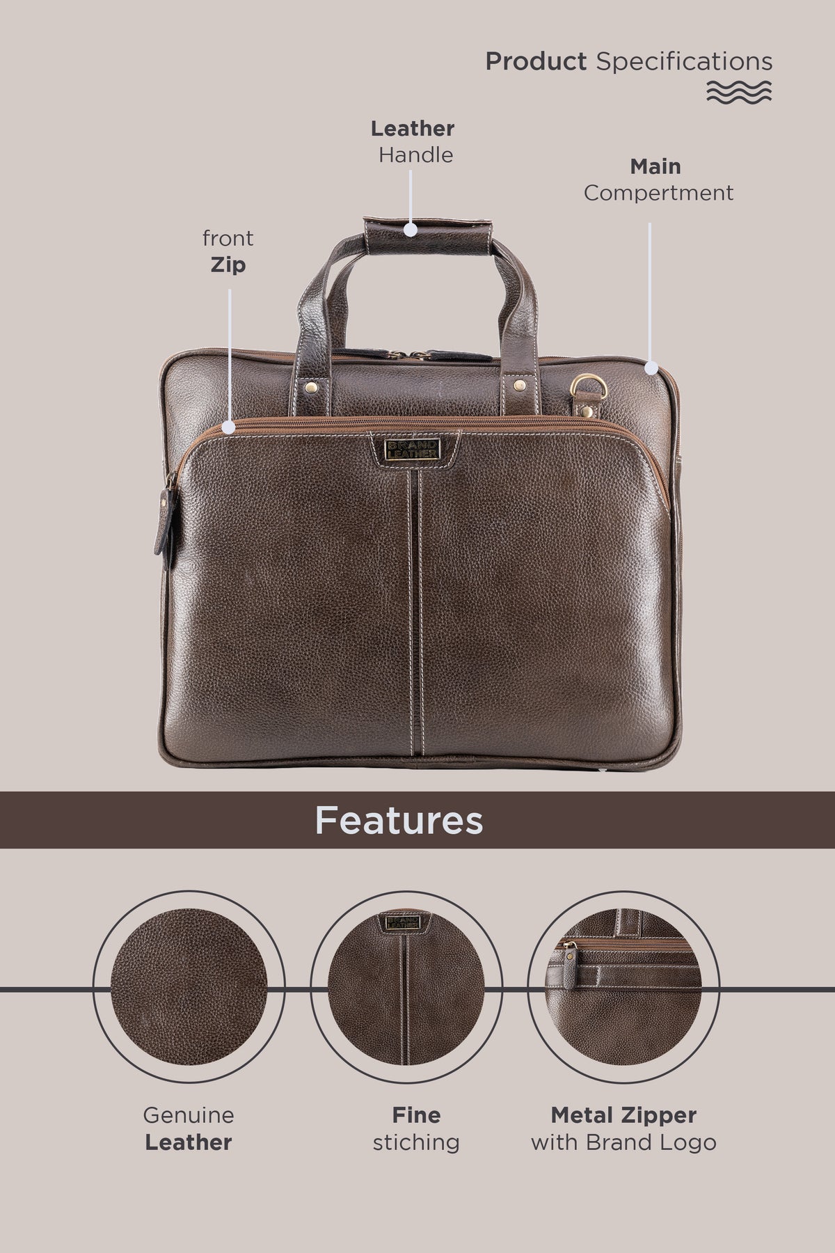 BRAND LEATHER Laptop Bag for Men - Genuine Leather Office Bag with Multiple Compartments Fits 14/15.6/16 Inch Laptop Bag - Messenger and Shoulder Bag for Travel - Water Resistant