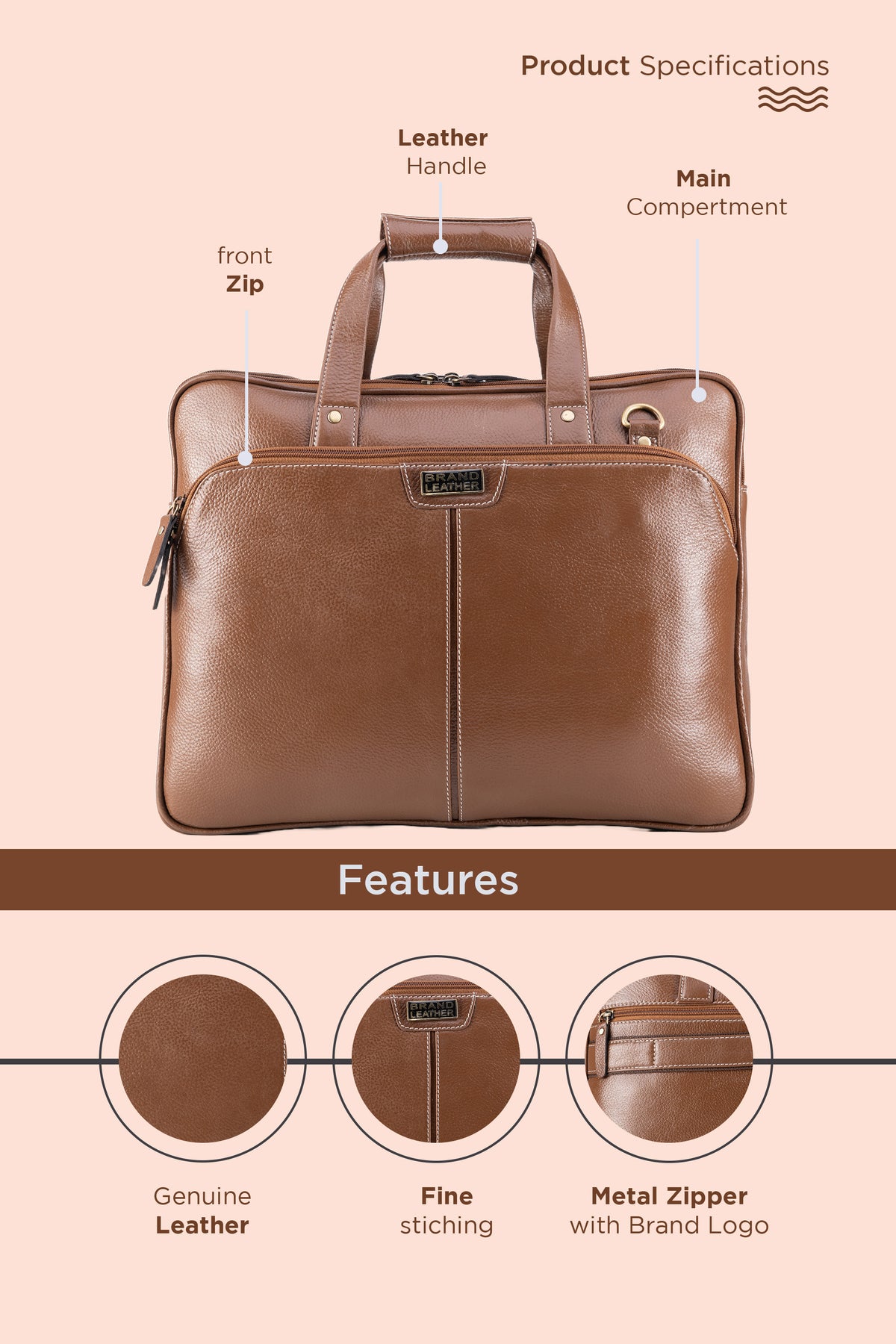 BRAND LEATHER Laptop Bag for Men - Genuine Leather Office Bag with Multiple Compartments Fits 14/15.6/16 Inch Laptop Bag - Messenger and Shoulder Bag for Travel - Water Resistant