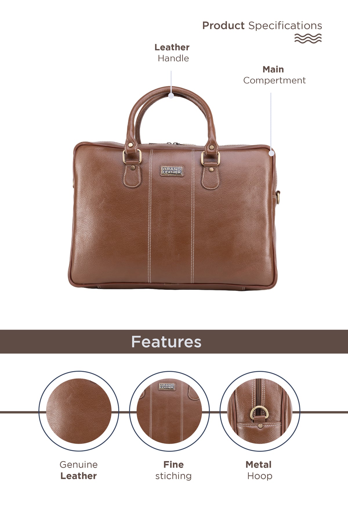 BRAND LEATHER Laptop Bag for Men - Genuine Leather Office Bag with Multiple Compartments Fits 14/15.6/16 Inch Laptop Bag - Messenger and Shoulder Bag for Travel - Water Resistant