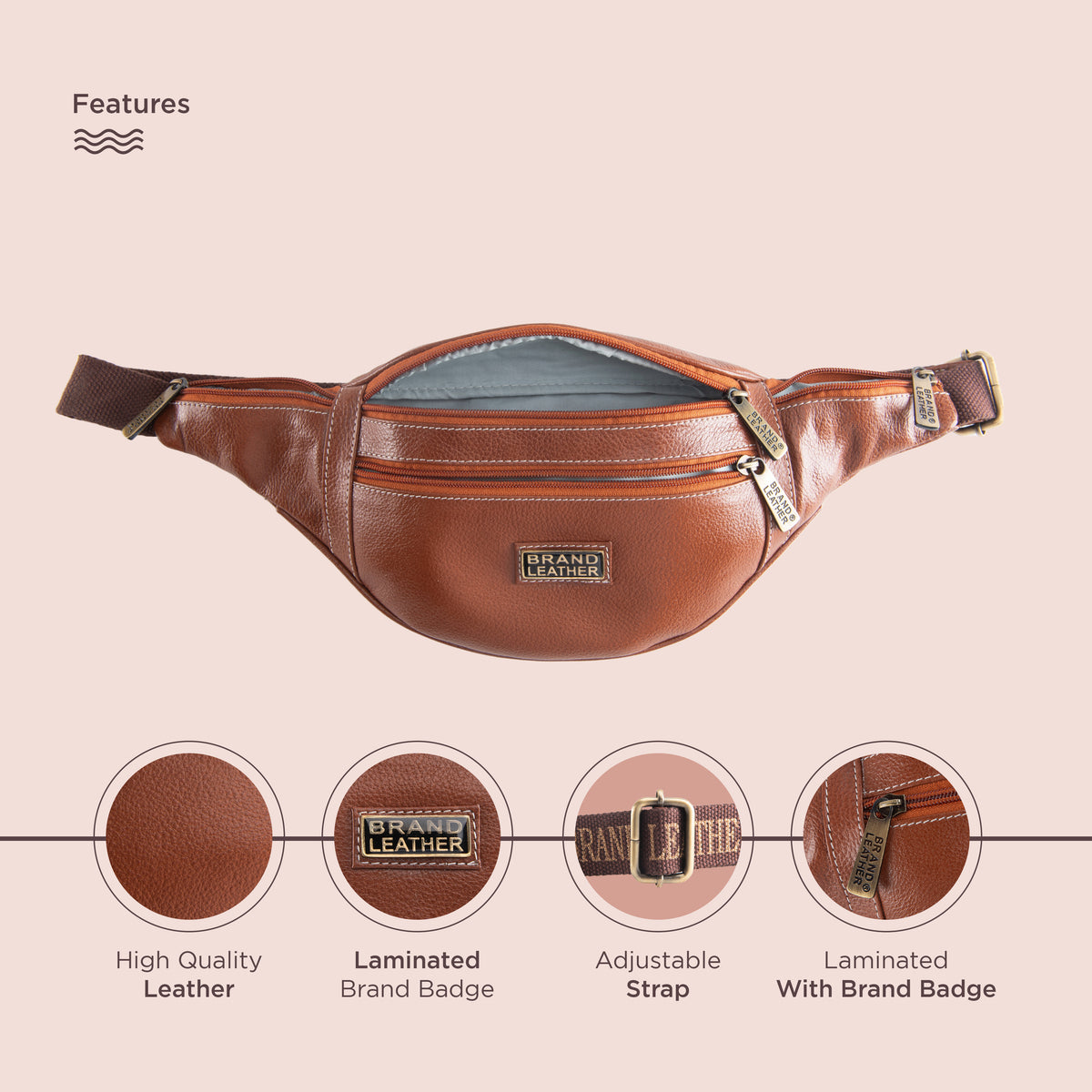 BRAND LEATHER Genuine Leather Stylish Waist Bag Elegant Style Travel Pouch Passport Holder with Adjustable Strap Unisex