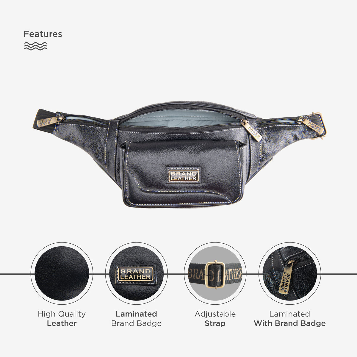 BRAND LEATHER Genuine Leather Stylish Waist Bag Elegant Style Travel Pouch Passport Holder with Adjustable