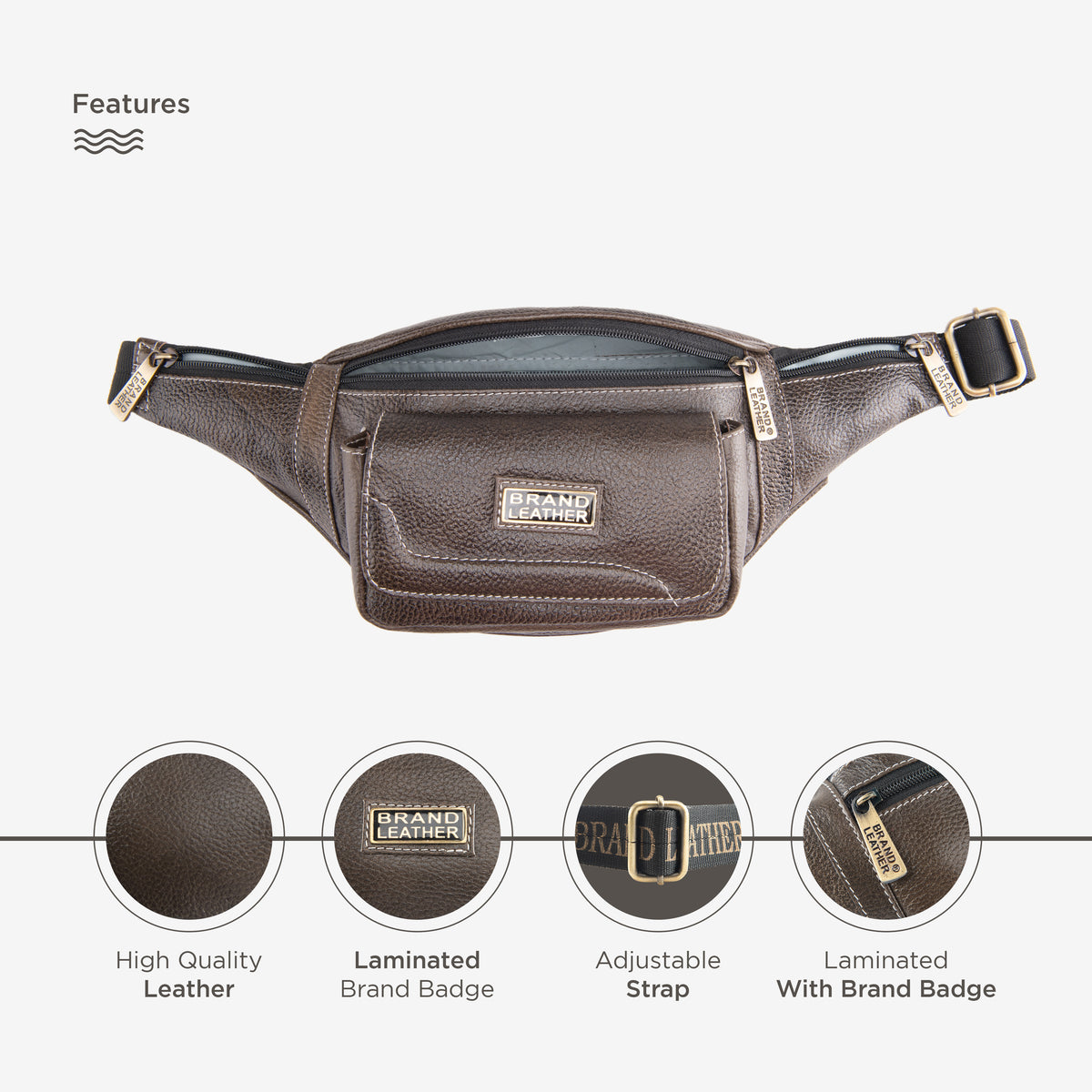 BRAND LEATHER Genuine Leather Stylish Waist Bag Elegant Style Travel Pouch Passport Holder with Adjustable