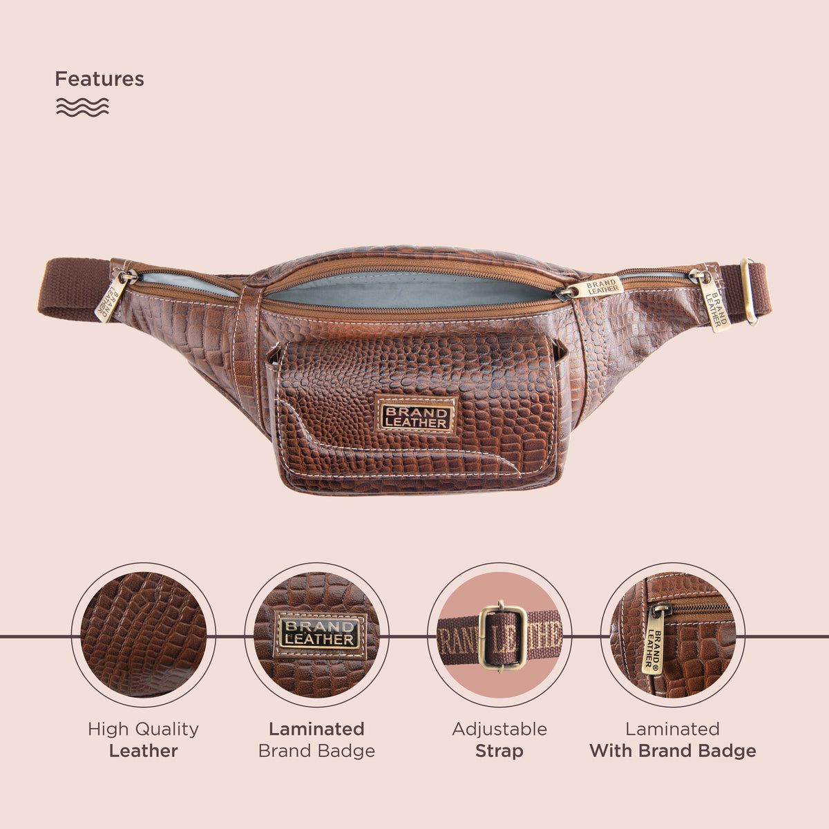 BRAND LEATHER Genuine Leather Stylish Waist Bag Elegant Style Travel Pouch Passport Holder with Adjustable