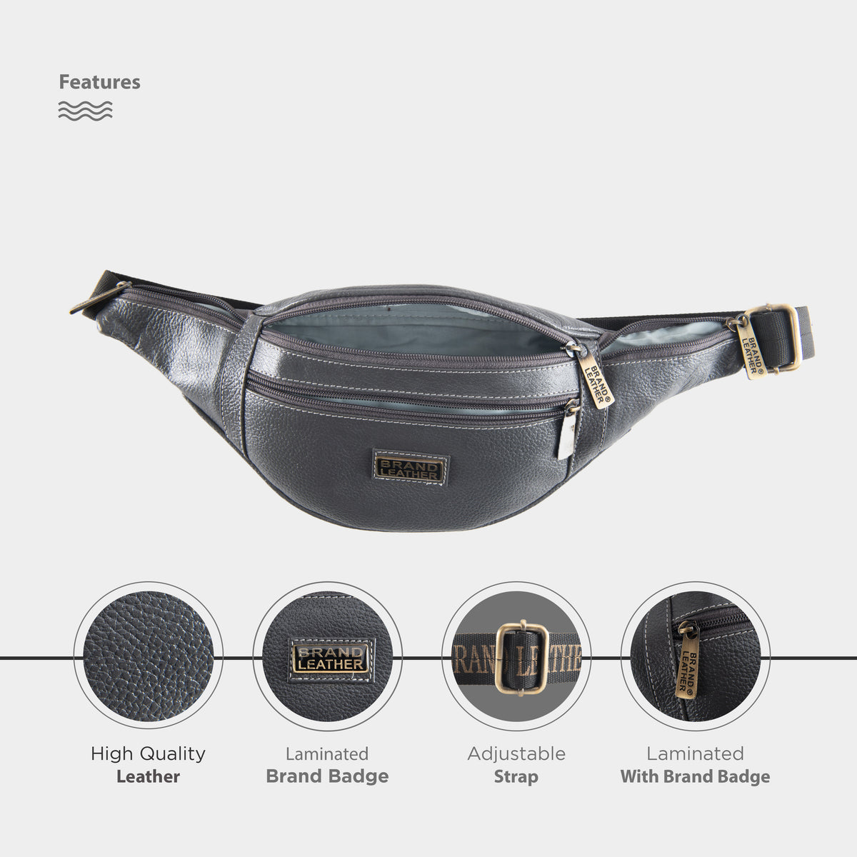 BRAND LEATHER Genuine Leather Stylish Waist Bag Elegant Style Travel Pouch Passport Holder with Adjustable Strap Unisex