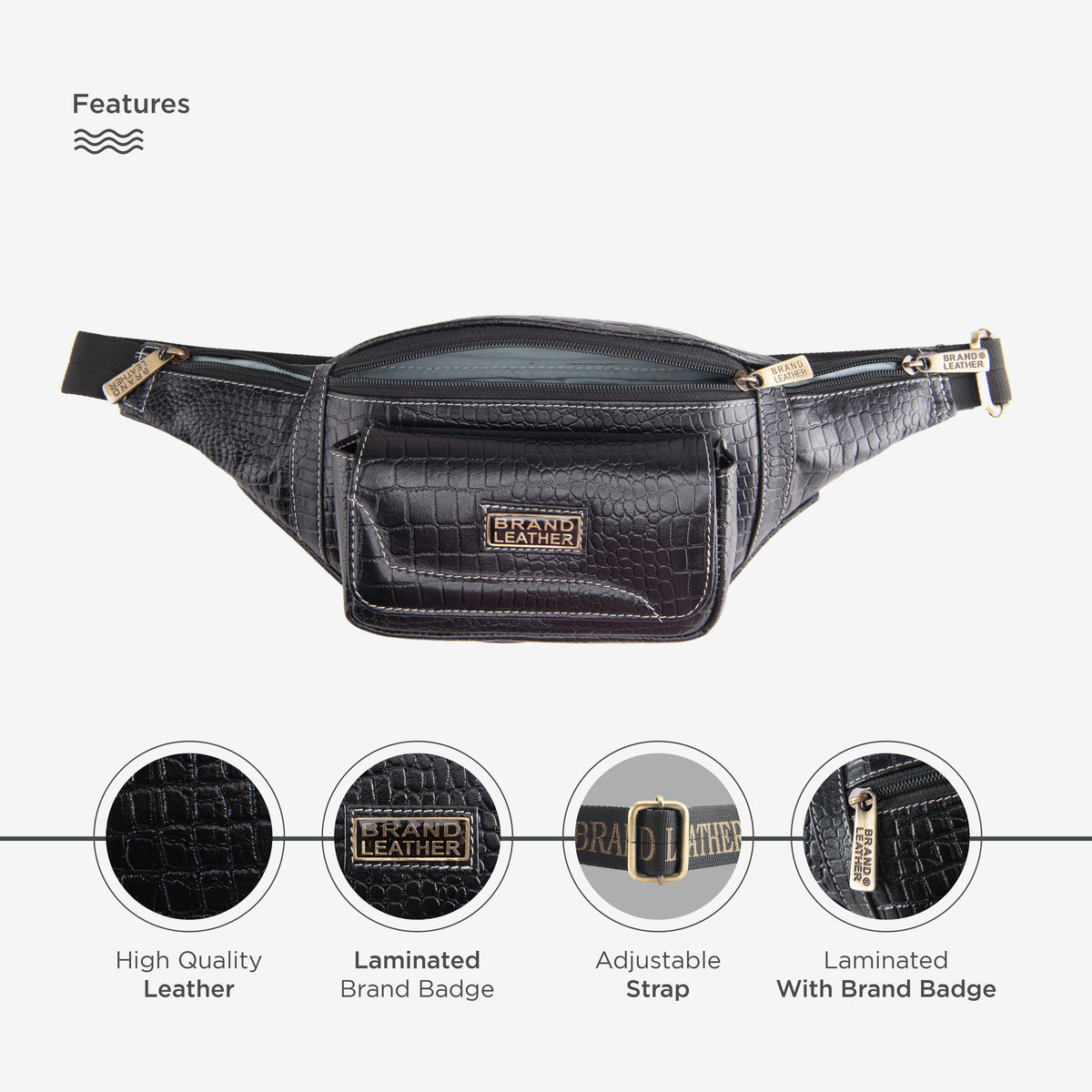 BRAND LEATHER Genuine Leather Stylish Waist Bag Elegant Style Travel Pouch Passport Holder with Adjustable