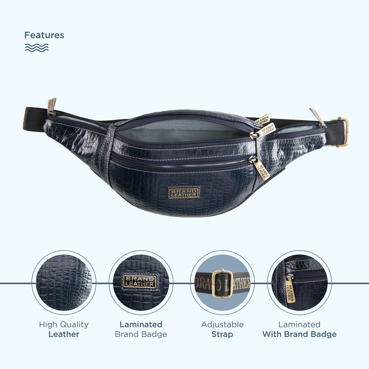 BRAND LEATHER Genuine Leather Stylish Waist Bag Elegant Style Travel Pouch Passport Holder with Adjustable Strap Unisex