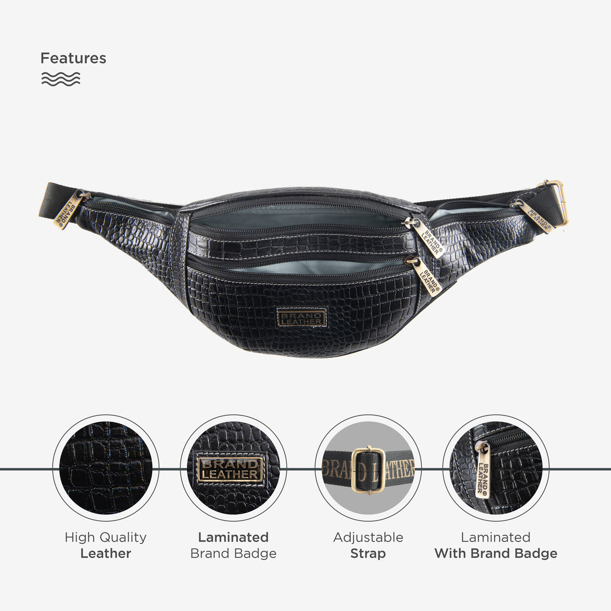 BRAND LEATHER Genuine Leather Stylish Waist Bag Elegant Style Travel Pouch Passport Holder with Adjustable Strap Unisex