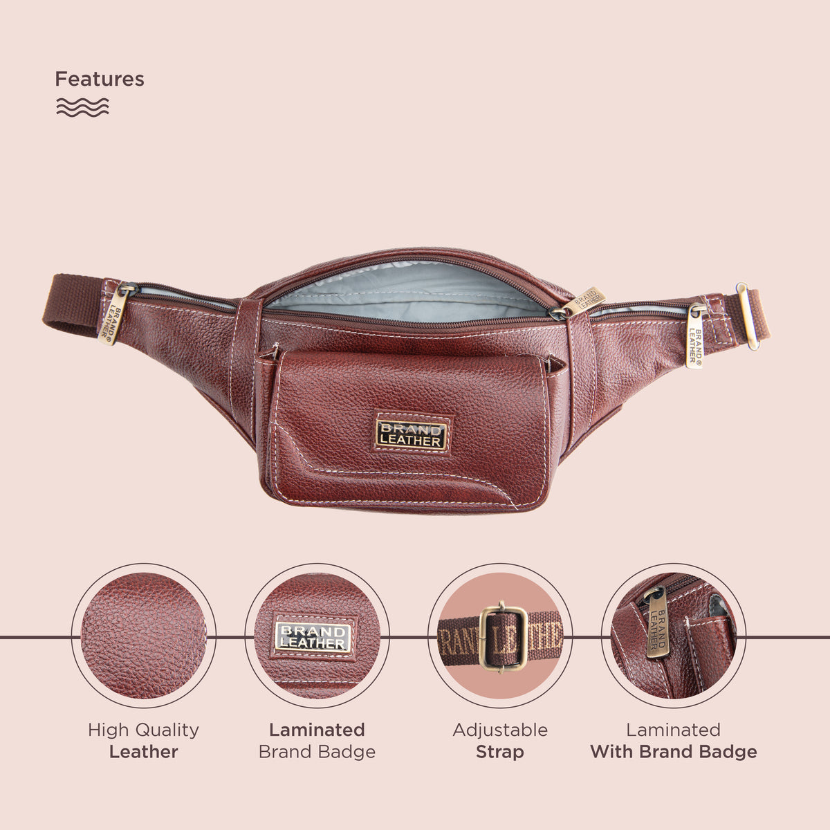 BRAND LEATHER Genuine Leather Stylish Waist Bag Elegant Style Travel Pouch Passport Holder with Adjustable