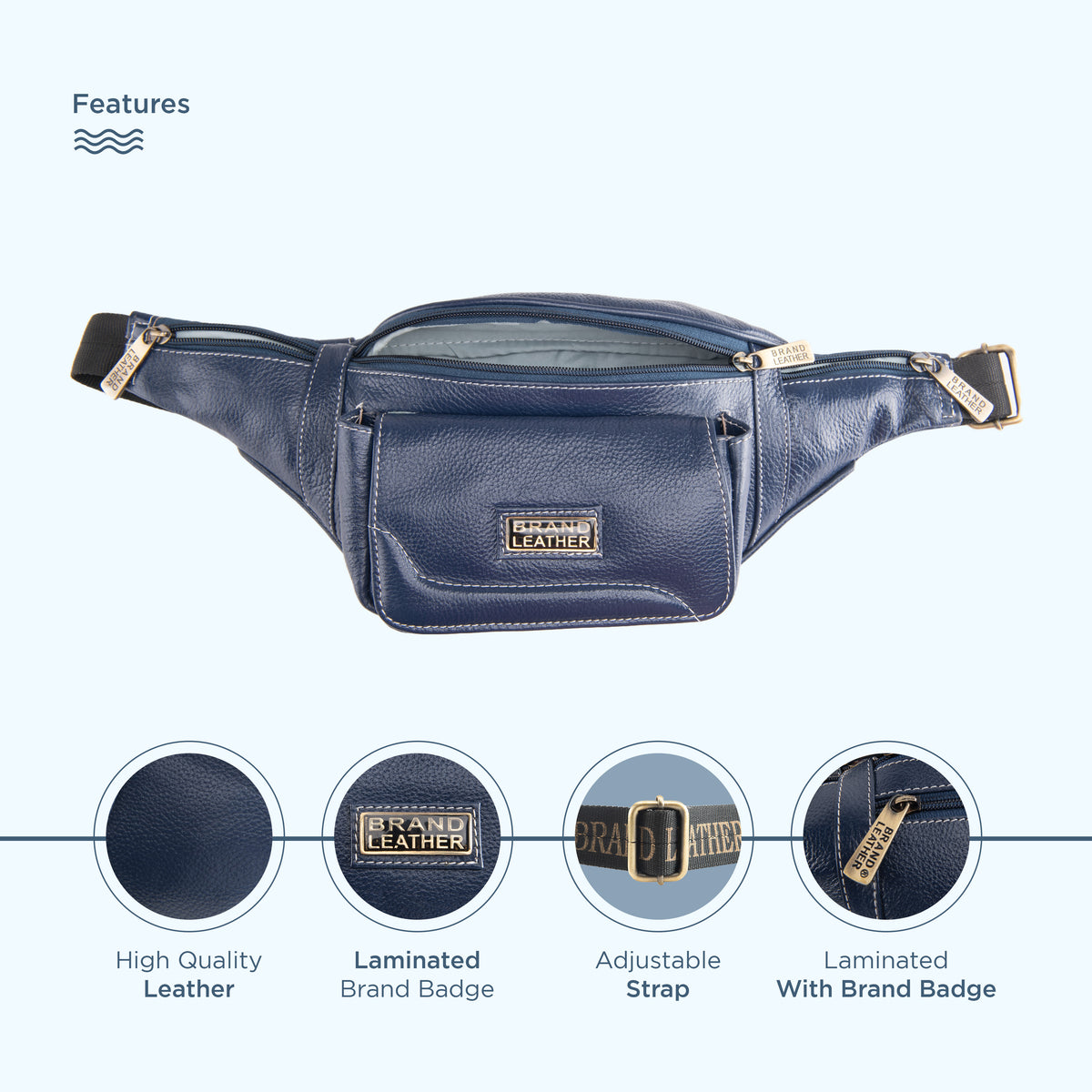 BRAND LEATHER Genuine Leather Stylish Waist Bag Elegant Style Travel Pouch Passport Holder with Adjustable