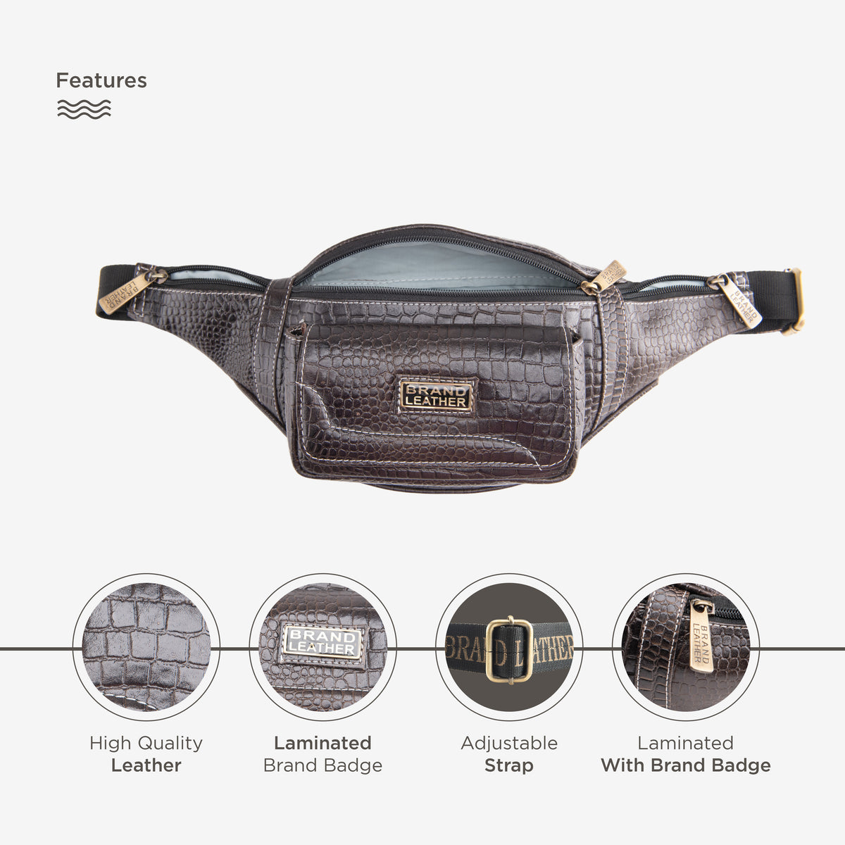 BRAND LEATHER Genuine Leather Stylish Waist Bag Elegant Style Travel Pouch Passport Holder with Adjustable