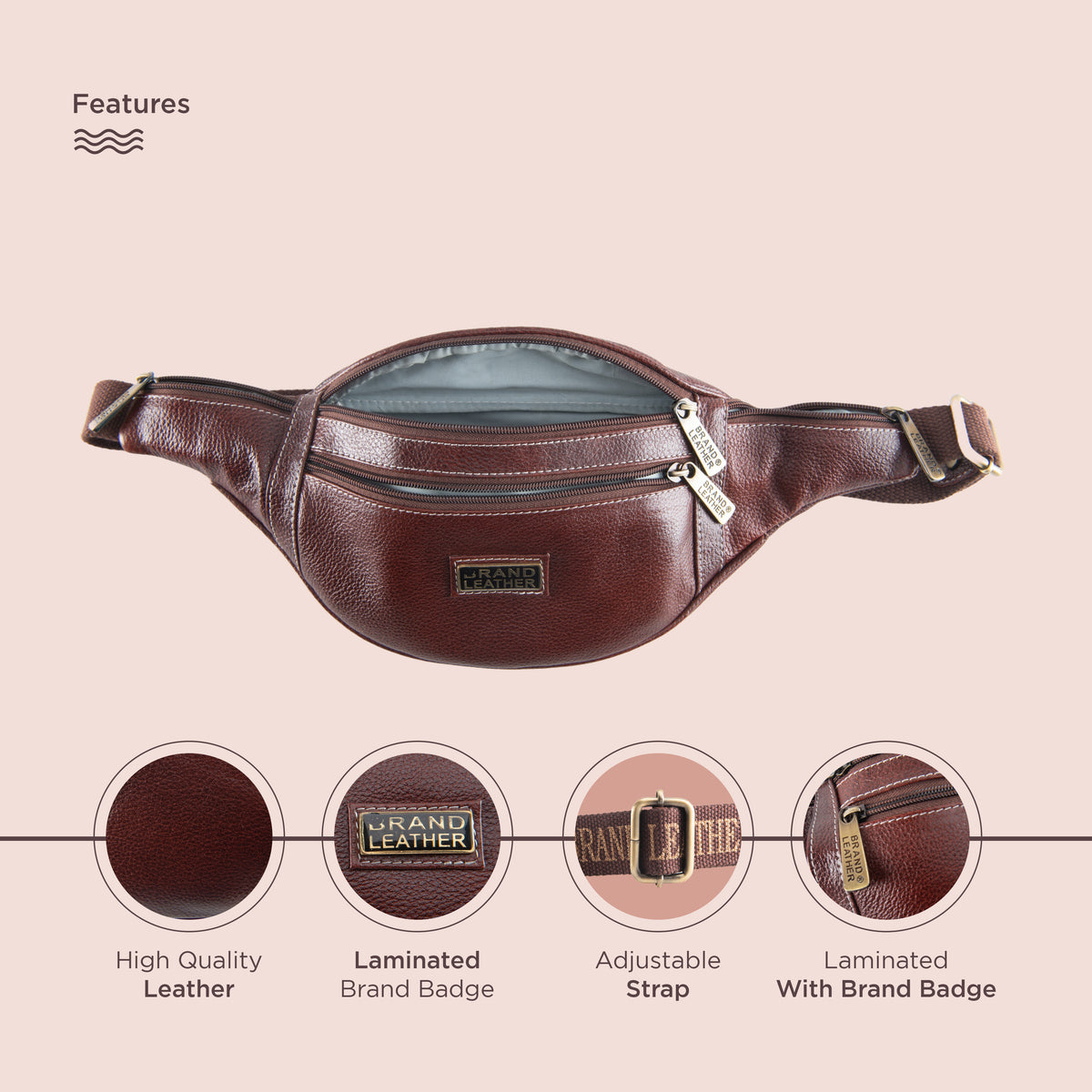 BRAND LEATHER Genuine Leather Stylish Waist Bag Elegant Style Travel Pouch Passport Holder with Adjustable Strap Unisex
