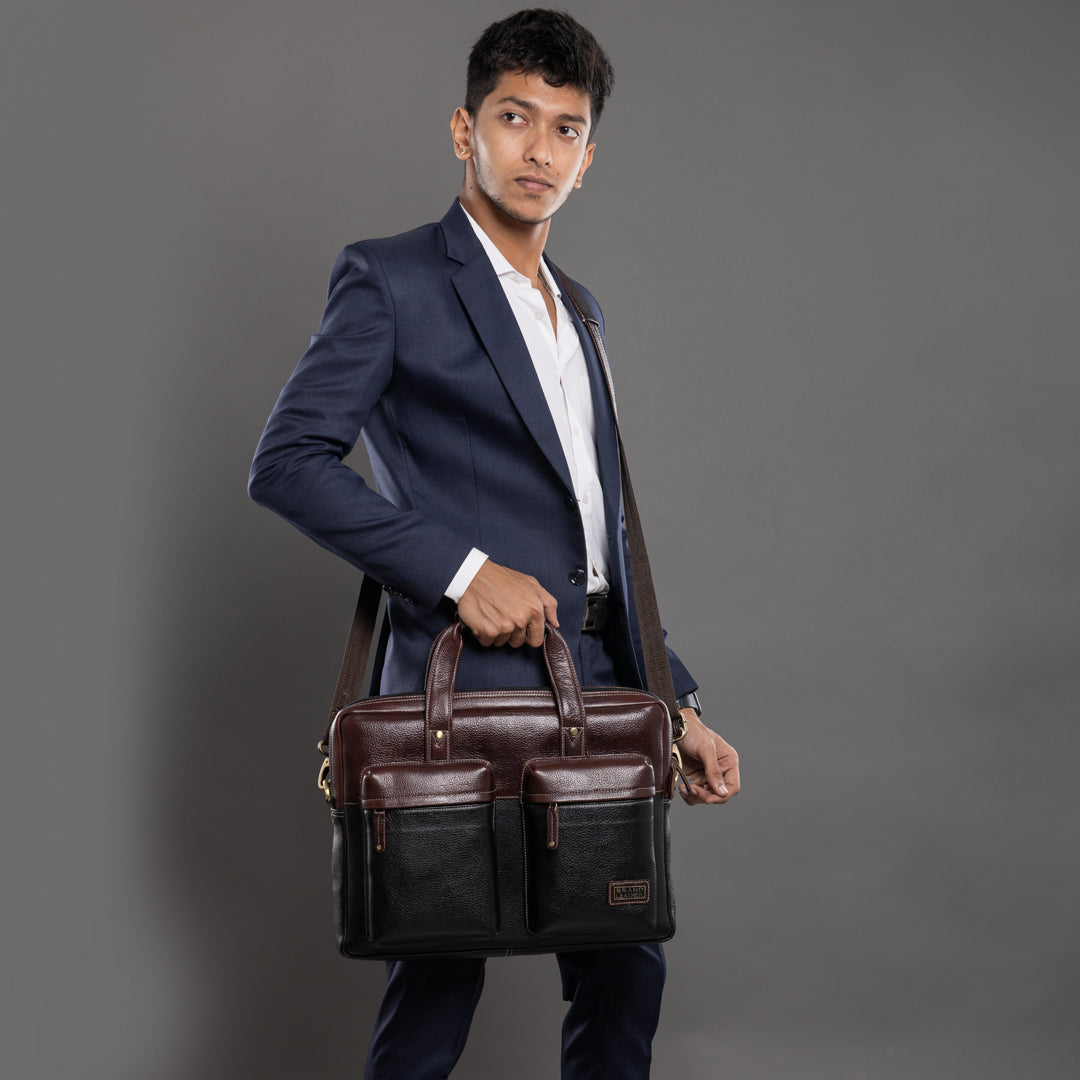 BRAND LEATHER Genuine Leather Laptop Bag for Men - Office Bag - Fits Up to 16-inch Laptop/MacBook - Shoulder Bag/Hand Bag - Laptop Messenger Bag with Trolley Straps - 1 Year Warranty