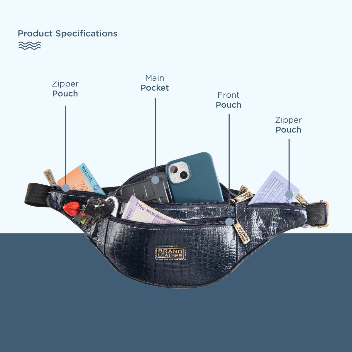 BRAND LEATHER Genuine Leather Stylish Waist Bag Elegant Style Travel Pouch Passport Holder with Adjustable Strap Unisex