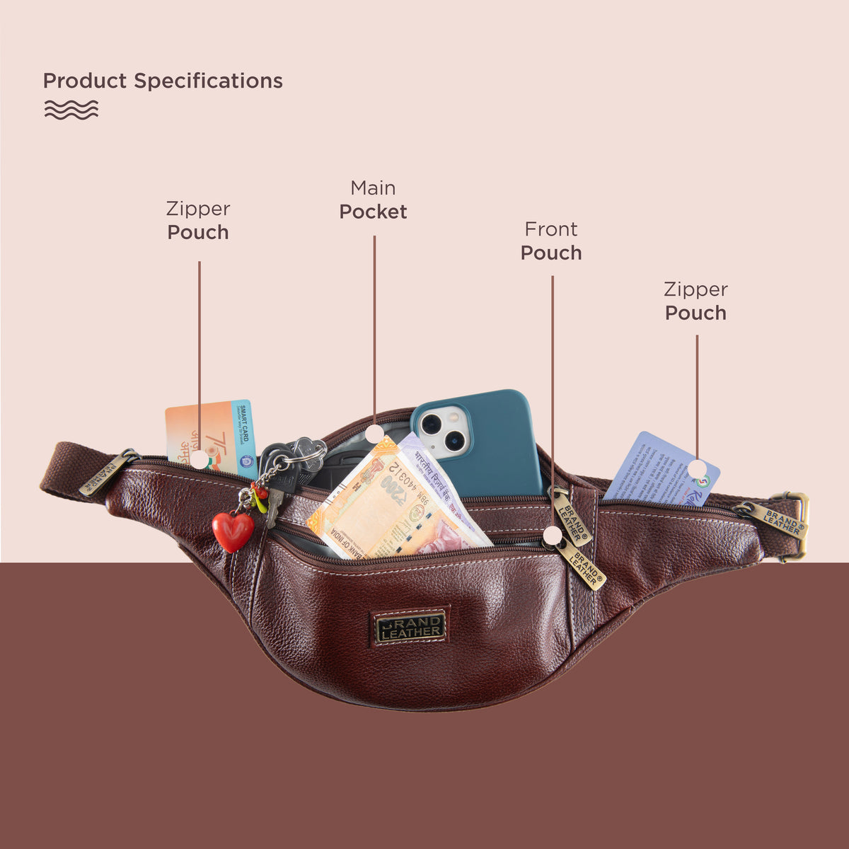 BRAND LEATHER Genuine Leather Stylish Waist Bag Elegant Style Travel Pouch Passport Holder with Adjustable Strap Unisex