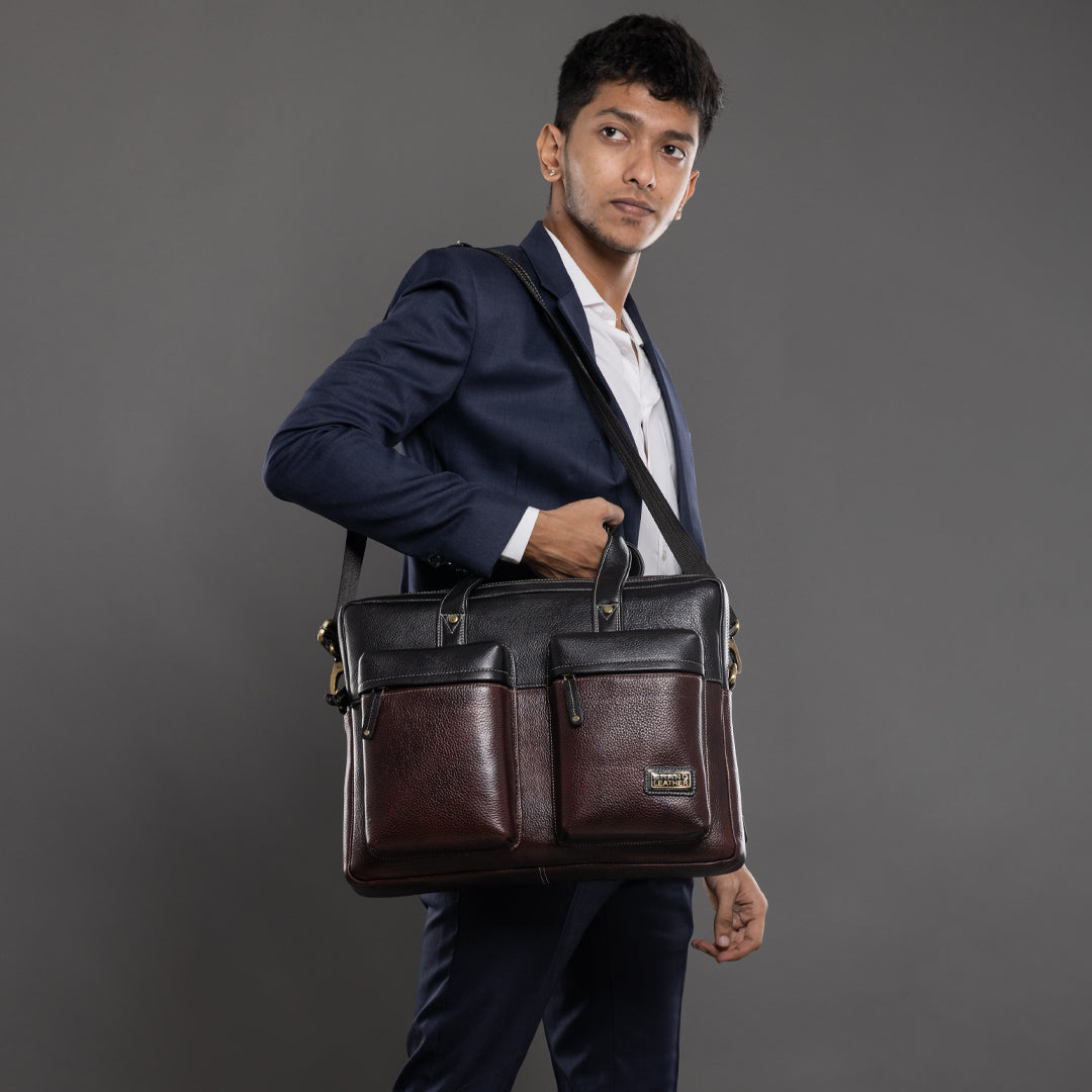 BRAND LEATHER Genuine Leather Laptop Bag for Men - Office Bag - Fits Up to 16-inch Laptop/MacBook - Shoulder Bag/Hand Bag - Laptop Messenger Bag with Trolley Straps - 1 Year Warranty