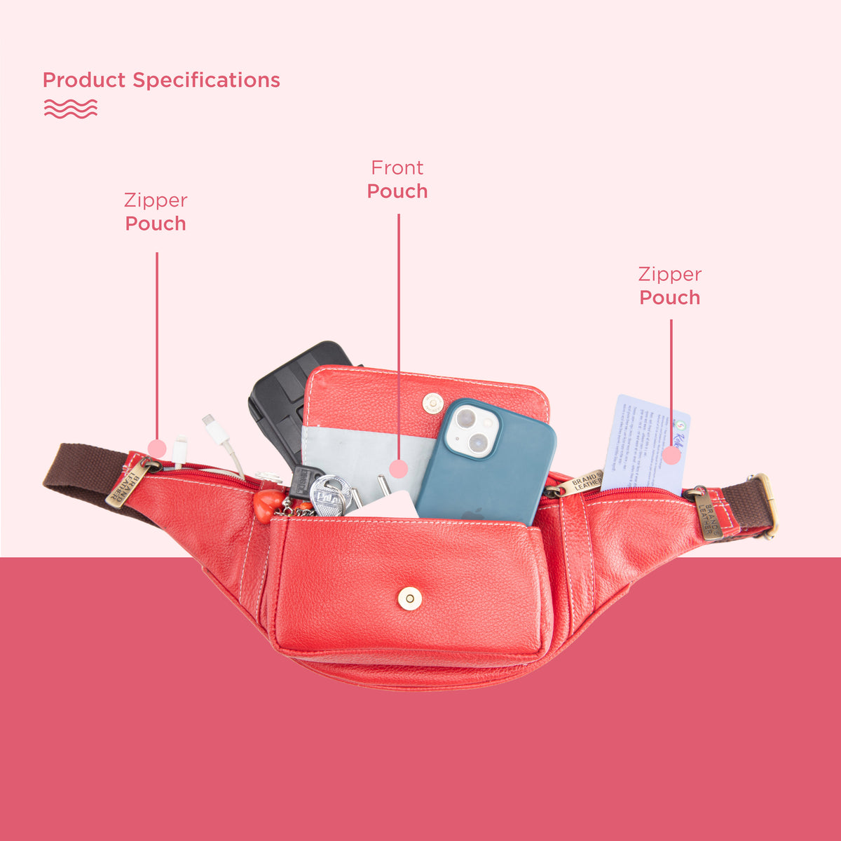 BRAND LEATHER Genuine Leather Stylish Waist Bag Elegant Style Travel Pouch Passport Holder with Adjustable