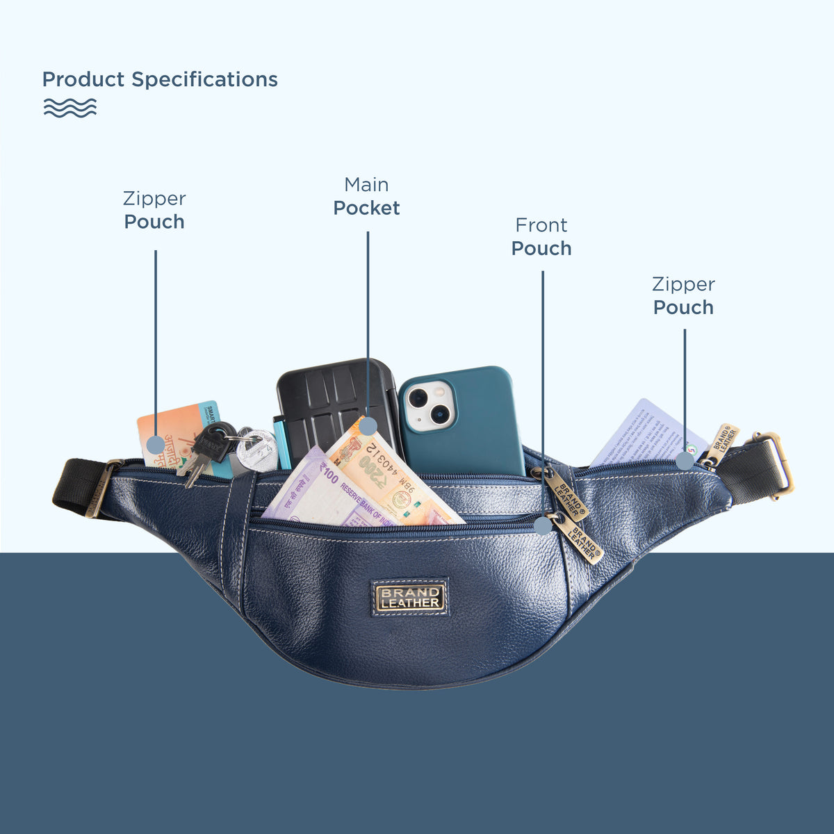 BRAND LEATHER Genuine Leather Stylish Waist Bag Elegant Style Travel Pouch Passport Holder with Adjustable Strap Unisex