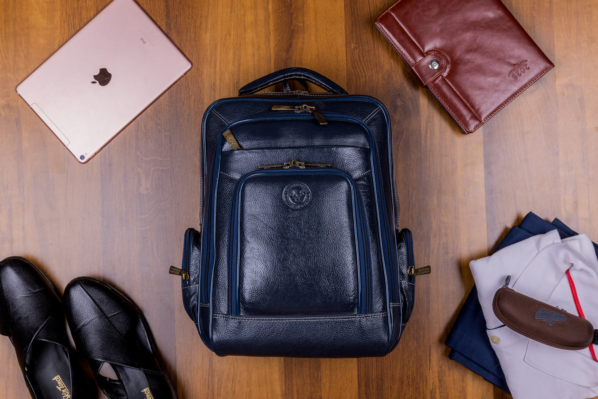 BRAND LEATHER Men's Full Grain Cow Hide Leather 17 Inch Laptop Backpack Large Capacity Weekender Overnight Camping Travel Rucksack