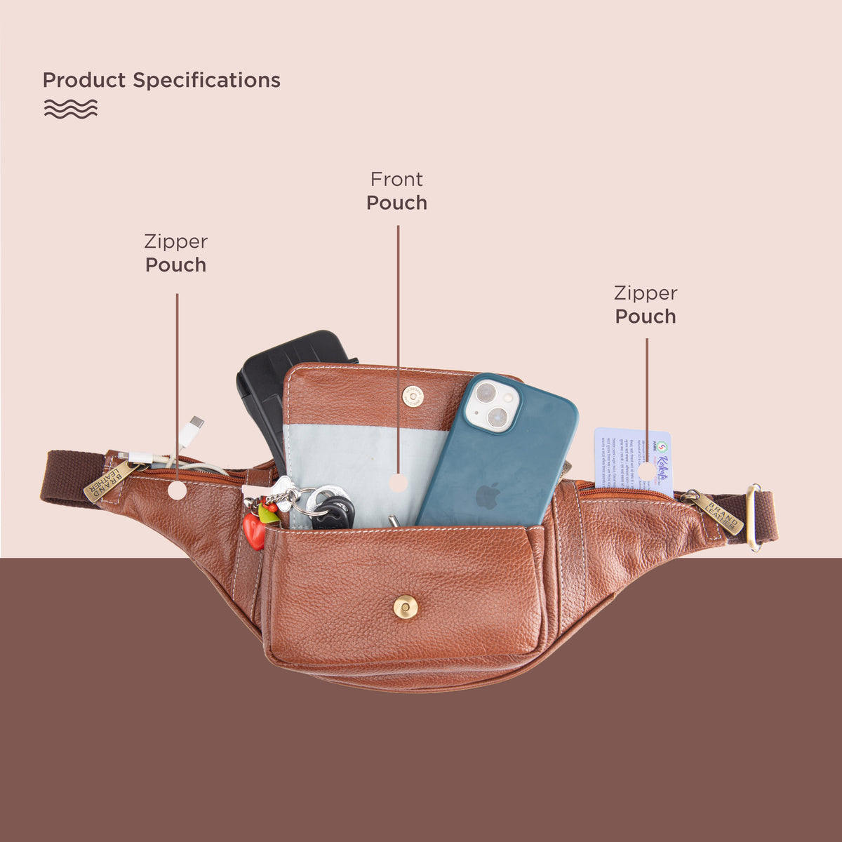 BRAND LEATHER Genuine Leather Stylish Waist Bag Elegant Style Travel Pouch Passport Holder with Adjustable