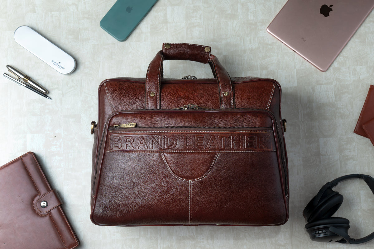 Men's Solid Full Grain Cowhide Leather Large 16 Inch Laptop Briefcase Messenger Bag