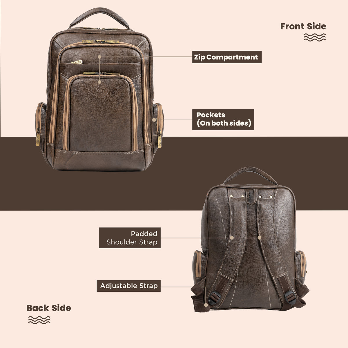 BRAND LEATHER Men's Full Grain Cow Hide Leather 17 Inch Laptop Backpack Large Capacity Weekender Overnight Camping Travel Rucksack