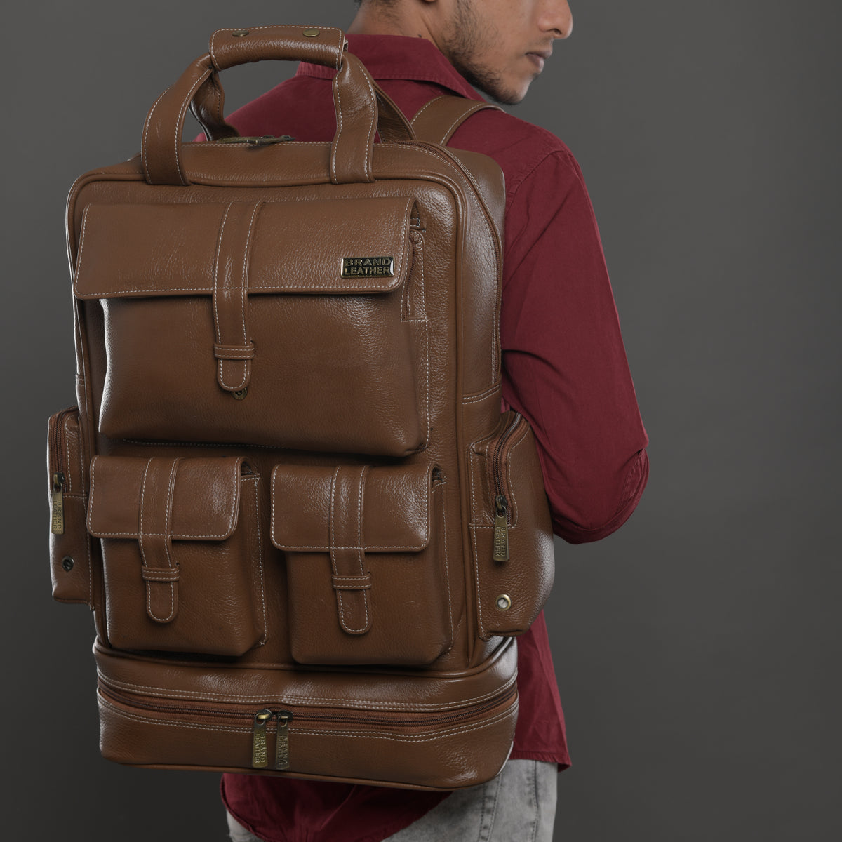 BRAND LEATHER Full Grain Buffalo - Hide Leather Backpack Large Capacity 15/15.6/16/17 Inch Laptop Bag Multi Pockets Travel Daypack