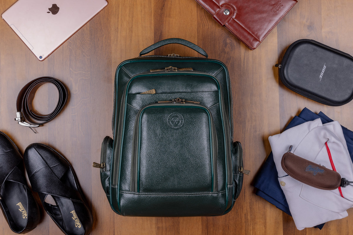 BRAND LEATHER Men's Full Grain Cow Hide Leather 17 Inch Laptop Backpack Large Capacity Weekender Overnight Camping Travel Rucksack