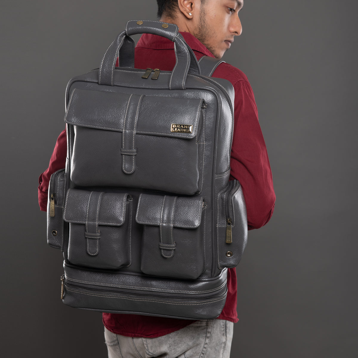 BRAND LEATHER Full Grain Buffalo - Hide Leather Backpack Large Capacity 15/15.6/16/17 Inch Laptop Bag Multi Pockets Travel Daypack