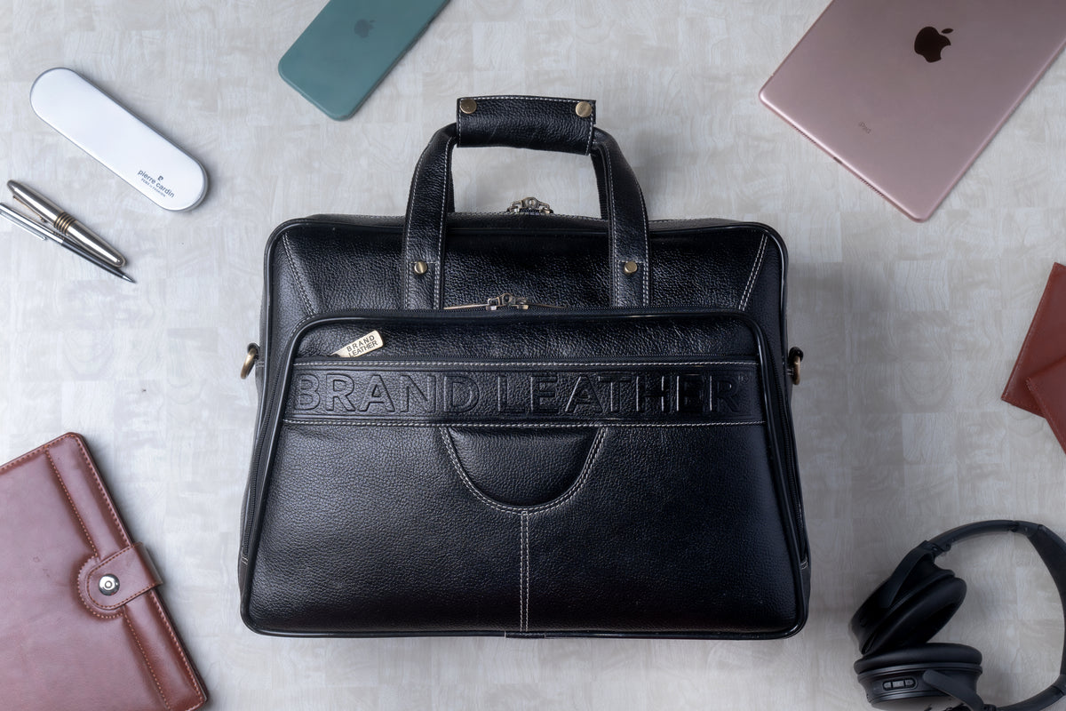 Men's Solid Full Grain Cowhide Leather Large 16 Inch Laptop Briefcase Messenger Bag